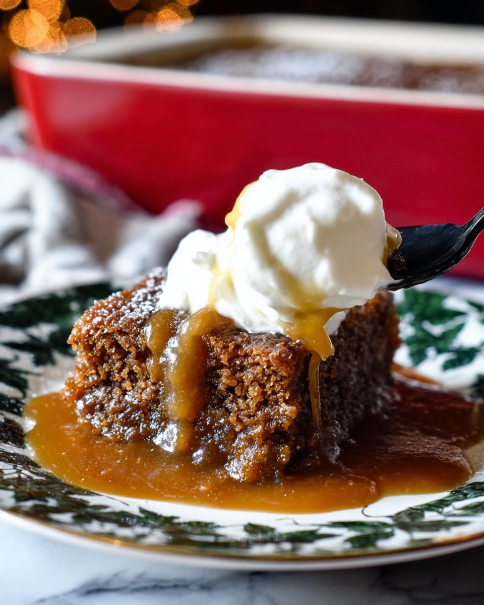 A close-up of a single slice of rich, moist chocolate cake with a slightly crumbly texture, placed flat on a white plate. The cake is covered with a thick layer of glossy, dark caramel sauce that drips down the sides and pools around the base. On top of the cake slice is a smooth, round scoop of creamy white vanilla ice cream, partially melting, with caramel sauce flowing down its sides. The background shows a white marbled texture surface with blurred shapes suggesting a cozy indoor setting. Photo taken with an iphone --ar 4:5 --v 7