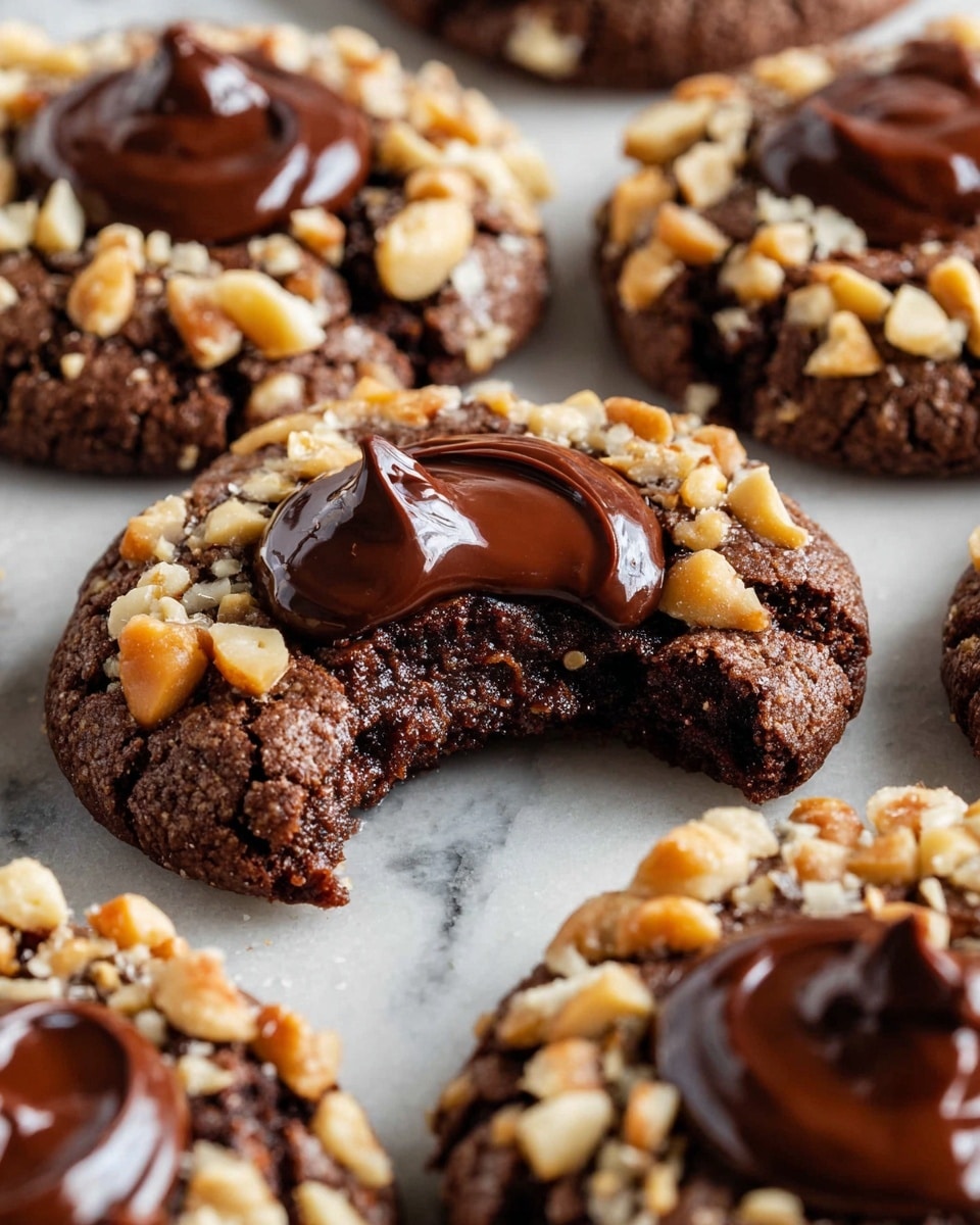 The image shows a close-up of several round chocolate cookies with a cracked texture, each topped with a smooth, glossy dark chocolate dollop in the center. The edges of the cookies are coated with chopped light brown nuts, adding a rough, crunchy texture contrast to the soft chocolate. One cookie in the front has a bite taken out, revealing a moist, dense, dark brown interior that looks rich and fudgy. The cookies are placed on a white marbled surface. photo taken with an iphone --ar 4:5 --v 7