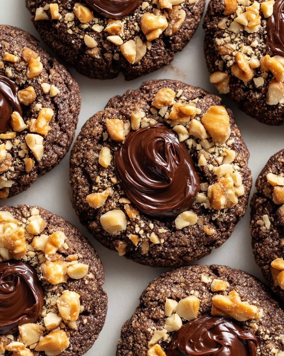 Close-up of several thick, round dark chocolate cookies covered on the outside with large pieces of chopped nuts in light tan and golden brown colors; each cookie has one thick swirl of smooth, shiny dark chocolate ganache in the center. The cookies are arranged closely together on a white marbled surface, showing the rough, cracked texture of the cookie base contrasting with the glossy ganache and crunchy nuts. photo taken with an iphone --ar 4:5 --v 7