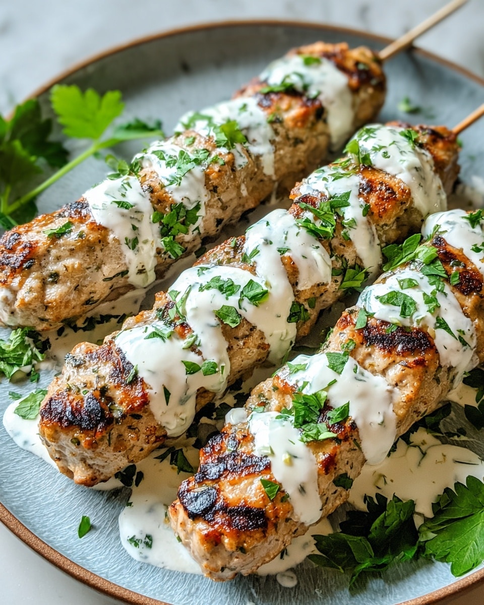 Three grilled kebabs with a light brown cooked surface and charred spots lie side by side on a white plate with a blue-gray texture. Each kebab has a layer of white creamy sauce drizzled in a line down the middle, sprinkled with chopped green herbs. Additional green herbs are scattered around the plate edge. The photo is set on a white marbled texture. photo taken with an iphone --ar 4:5 --v 7