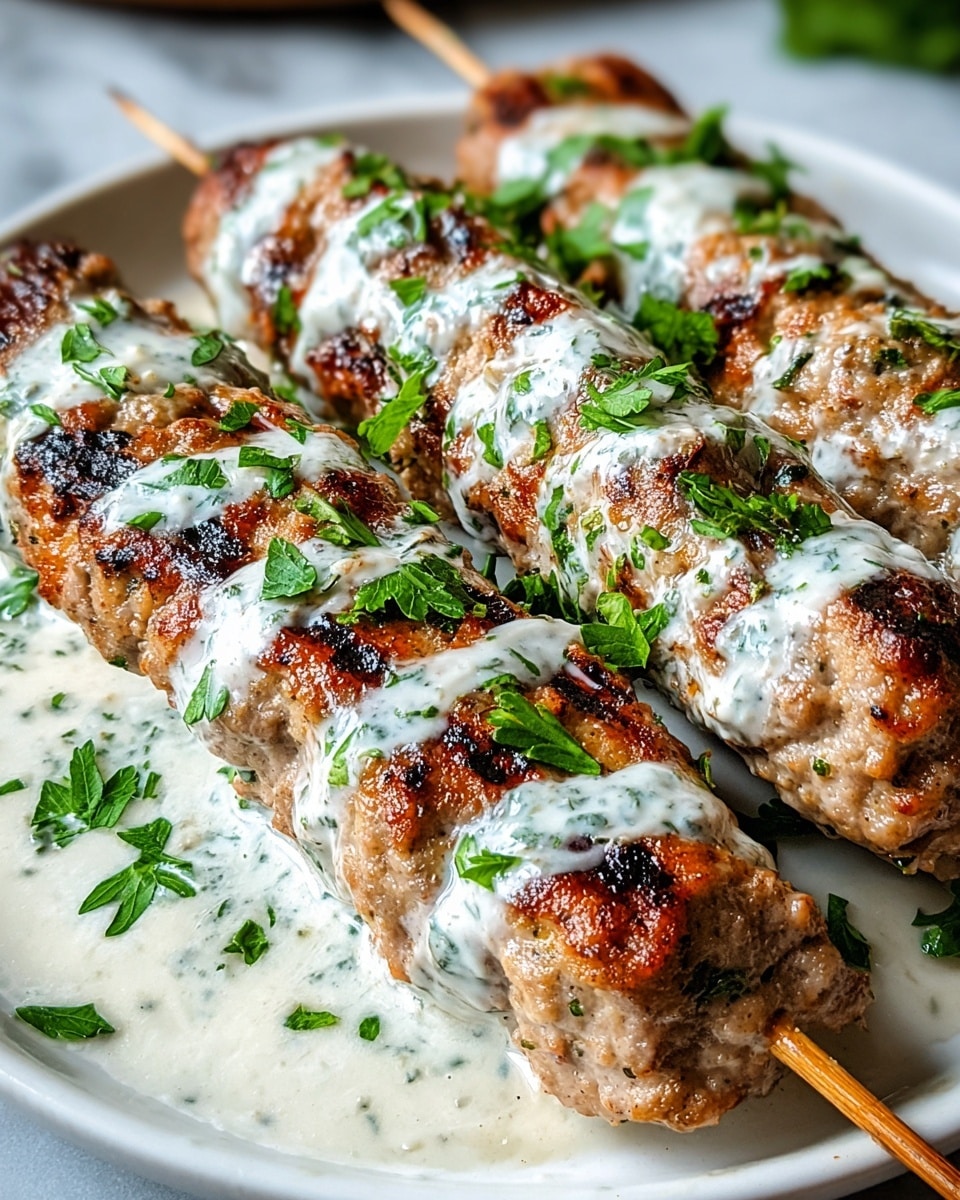 Four grilled meat kebabs with a light brown color and some charred spots are lined up on a white plate. Each kebab is covered with white sauce that has bits of green herbs mixed in. Bright green chopped parsley is sprinkled over the kebabs and sauce. The plate rests on a white marbled surface, and the scene is close up, showing the texture of the meat and sauce clearly. Photo taken with an iphone --ar 4:5 --v 7