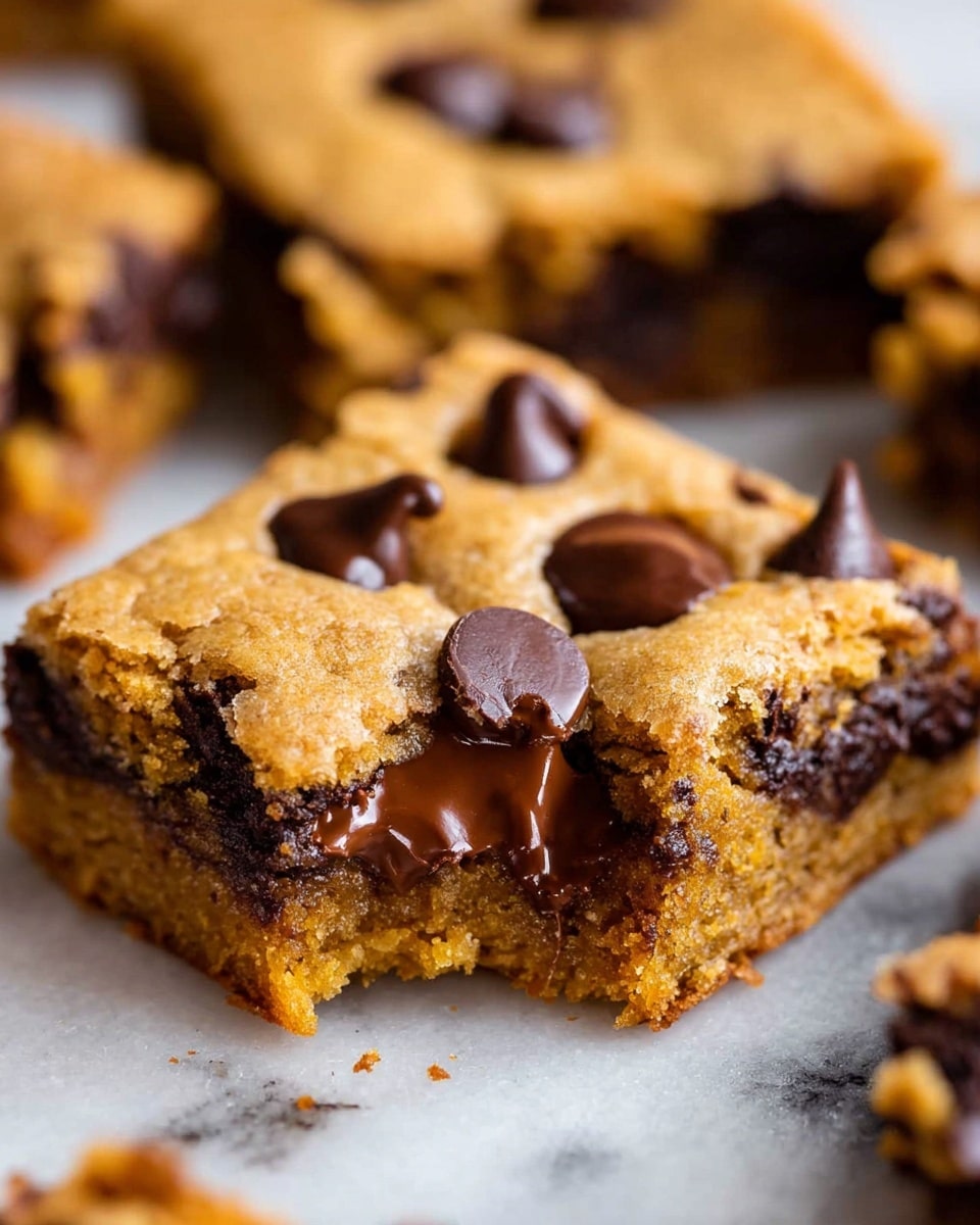 A close-up view of a thick square piece of chocolate chip blondie on a white marbled surface, showing one main layer of soft, golden-brown dough filled with scattered dark chocolate chips, with a large melted chocolate chip oozing from the middle near the bottom edge, and more chocolate chips clearly embedded throughout the dense, crumbly texture. The background shows parts of other similarly baked blondie squares out of focus. Photo taken with an iphone --ar 4:5 --v 7
