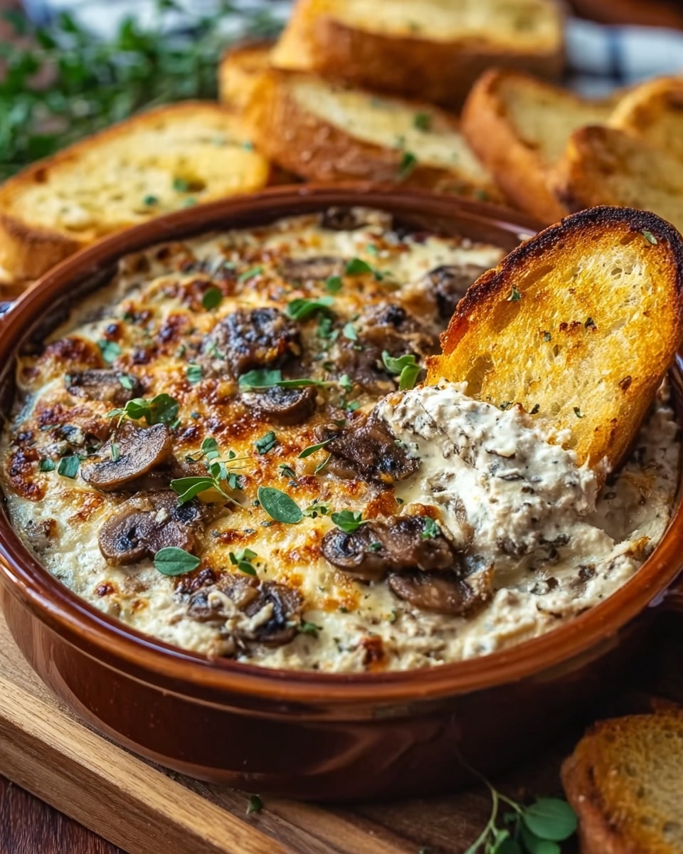 The image shows a round brown ceramic bowl filled with a thick, creamy mushroom dip. The dip has a golden browned cheesy top layer with small pieces of sautéed mushrooms visible throughout. Fresh green herb leaves are sprinkled on top. A piece of toasted white bread with a crunchy texture is dipped halfway into the creamy part of the dip on the right side. The bowl is placed on a wooden surface with a blurred background that includes more toasted bread slices and some greenery. The overall setting is warm and inviting. photo taken with an iphone --ar 4:5 --v 7