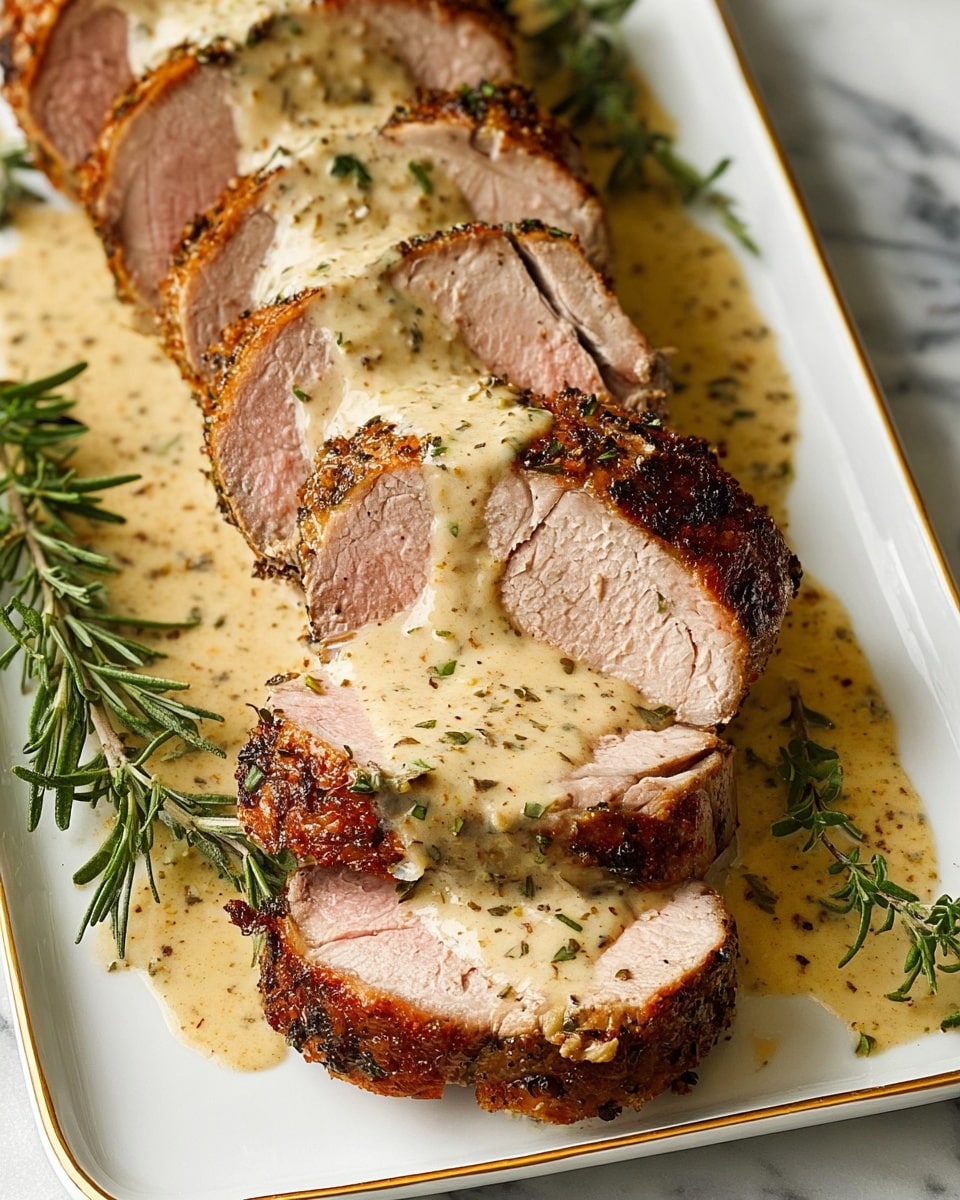 The image shows thick slices of cooked meat with a brown, slightly crispy outer layer and a light pink inside, arranged in a row on a white rectangular plate with a thin gold rim. A creamy beige sauce with specks of herbs covers the top of the meat slices and pools around them on the plate. Small green sprigs of fresh rosemary decorate the plate on the sides, adding color and freshness to the presentation. The plate sits on a white marbled surface. photo taken with an iphone --ar 4:5 --v 7