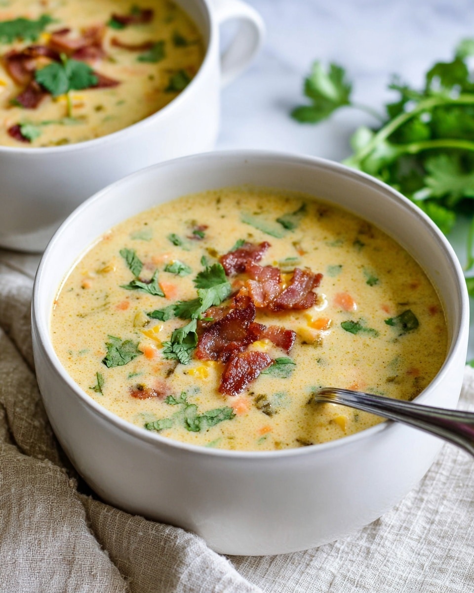 Two white bowls filled with creamy, thick soup sit on a white marbled surface covered partly by a textured cloth. The soup layers show a light yellow base mixed with small bits of orange and green, indicating vegetables and herbs. The top layer is garnished with crispy, brown bacon pieces and fresh green cilantro leaves scattered across the surface. A shiny silver spoon rests inside the front bowl, slightly lifting some of the soup. Photo taken with an iphone --ar 4:5 --v 7