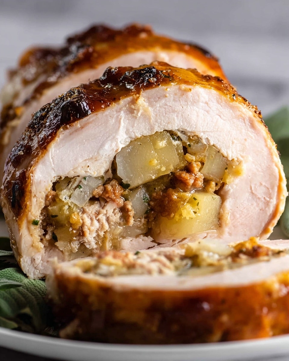 The image shows sliced rolled turkey breast with a golden-brown outer skin and juicy, tender light pink interior. Inside each slice, there is a stuffing layer made of diced light yellow potatoes, caramelized onions, and small bits of browned nuts or sausage, giving a textured and colorful filling. The slices are placed on a white plate with some green garnish visible at the bottom edge, all set on a white marbled surface. The focus is close up, capturing the moist textures and the contrast between the cooked skin, soft meat, and chunky stuffing. Photo taken with an iphone --ar 4:5 --v 7