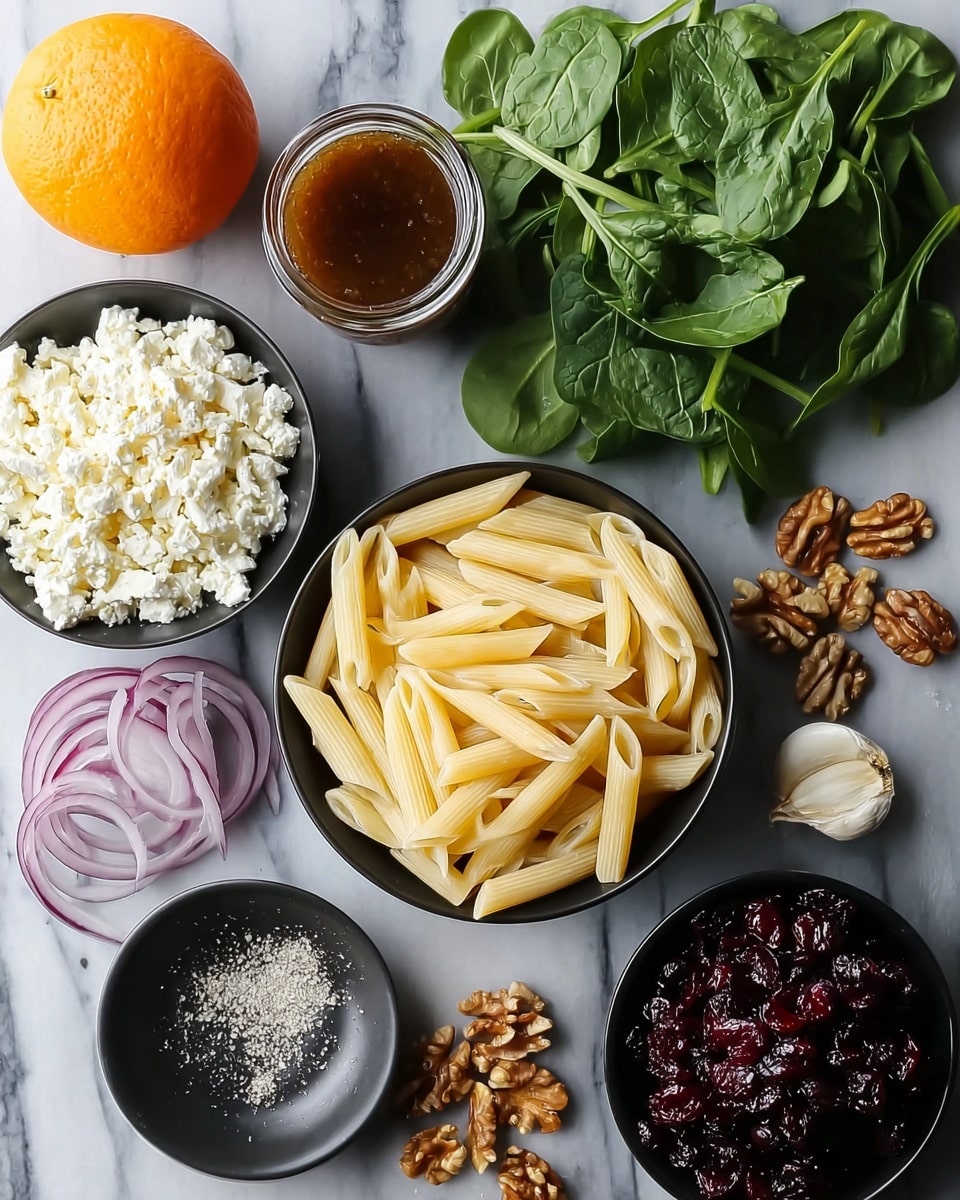 The image shows several ingredients on a white marbled surface, arranged in small round bowls and loose groupings. In the center is a bowl filled with pale yellow cooked penne pasta. To its bottom left, there is a bowl with white crumbled cheese, and to the bottom right is a bowl full of dark red dried cranberries. Near the cheese bowl, some walnuts are scattered, and a few more walnuts are near the cranberries. Above the pasta bowl, there is a glass filled with brown liquid, likely dressing or sauce. To the right of the glass, a bunch of fresh green spinach leaves are spread out. Thinly sliced purple-red onion rings are placed beside the spinach. On the left side of the pasta, a whole orange sits in a bowl, and below it, there is a small black bowl containing coarse white salt with black pepper sprinkled on top. A clove of garlic with its skin partially removed is placed near the salt bowl. The whole setup is neat and visually balanced, with varying textures and colors ranging from white, green, orange, purple, and deep red photo taken with an iphone --ar 4:5 --v 7