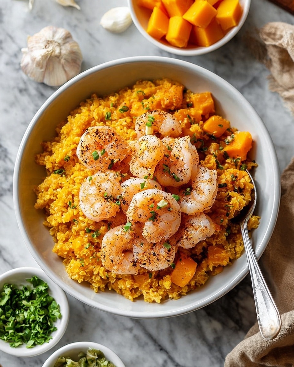 A white bowl filled with a two-layer dish, the bottom layer is a textured, golden-orange rice mixed with chunks of softer orange pieces, likely squash or sweet potato, giving it a slightly chunky look. On top, there is a neat pile of plump, pink shrimp seasoned with visible black pepper and small green herb bits scattered around, adding a fresh touch. To the right side in the bowl, a silver spoon rests partly inside the rice. Around the bowl, there are small white dishes containing chopped greenery and bright orange chunks of fruit or vegetable, all set on a white marbled surface, with a garlic bulb and cloves nearby. photo taken with an iphone --ar 4:5 --v 7