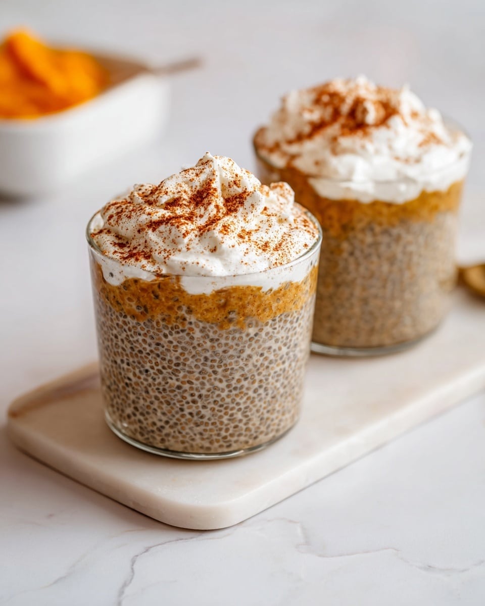 Two small transparent glass cups contain a chia seed pudding that is light brown with tiny black chia seeds mixed evenly throughout. Each cup is topped with a thick dollop of white whipped cream sprinkled with a fine layer of reddish-brown cinnamon powder. The cups are placed on a white marble board, which sits on a white marbled surface. In the background, a white dish with an orange substance is blurred. The image is bright and clean with soft lighting, photo taken with an iphone --ar 4:5 --v 7