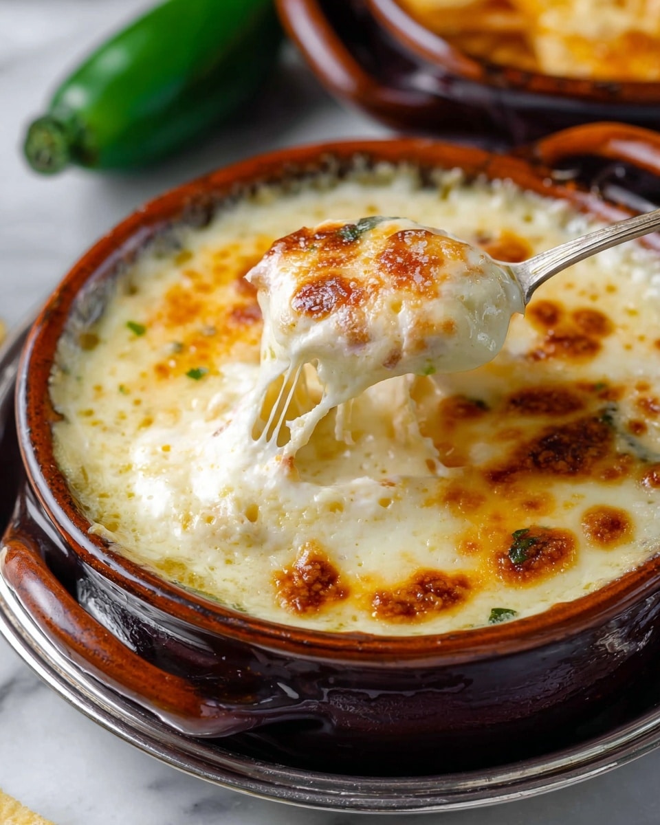 A close-up view of a small brown ceramic bowl filled with creamy, bubbly cheese sauce that has a golden-brown top layer showing slight charring. The sauce is thick and smooth, with visible droplets of oil scattered around the surface. A spoon is lifting a scoop of the cheesy mixture, emphasizing its melty and gooey texture. The bowl sits on a metal tray placed on a white marbled surface, with a green pepper partially visible in the background. Photo taken with an iphone --ar 4:5 --v 7