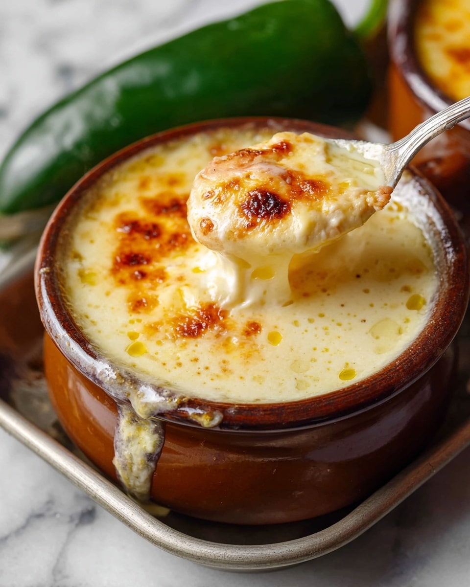 A close-up of a brown ceramic bowl filled with a creamy, bubbly cheese dip that has a golden-brown melted cheese crust on top, showing melted cheese stretching from a spoon dipping into the dip; the creamy base is light yellow with small oil droplets, and the bowl sits on a silver tray over a white marbled surface, with a green jalapeño visible in the background. photo taken with an iphone --ar 4:5 --v 7