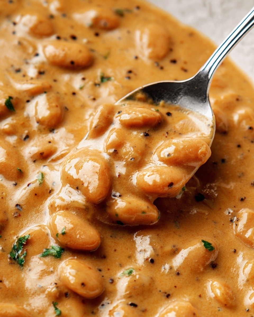 This image shows a close-up of a creamy dish with soft, light brown beans covered in a thick, smooth sauce. The sauce has a shiny texture with small black pepper spots and some green herb bits sprinkled around. A silver spoon is scooping up the mixture, revealing the sauce's rich and velvety consistency with beans scattered evenly throughout. The background has a white marbled texture. photo taken with an iphone --ar 4:5 --v 7