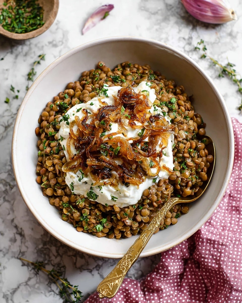 The image shows a white bowl filled with a base layer of cooked lentils mixed with small grains, giving a brown and slightly greenish texture. On top of this, there is a creamy white sauce dolloped in the center, followed by a layer of caramelized golden-brown onions spread over the sauce. Small green herb bits are sprinkled over the whole dish, adding a fresh touch of color. A golden spoon with ornate designs is placed inside the bowl, partly covered with the lentils and onions. The bowl sits on a white marbled surface with scattered herbs around, and a pink cloth with white polka dots is placed nearby. photo taken with an iphone --ar 4:5 --v 7