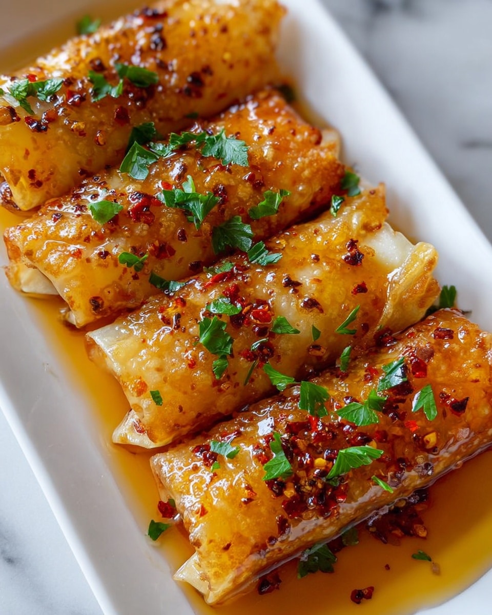 The image shows four golden brown, crispy rolls arranged side by side on a white rectangular plate placed on a white marbled surface. The rolls have a glossy glaze of honey or syrup covering them, with small red chili flakes and fresh green parsley leaves sprinkled on top, adding flecks of color. The layers of the rolls are visible with thin, crisp edges and a slightly translucent, crunchy-looking texture. The sauce pools slightly around the base of the rolls on the plate, giving a shiny, sticky appearance. Photo taken with an iphone --ar 4:5 --v 7