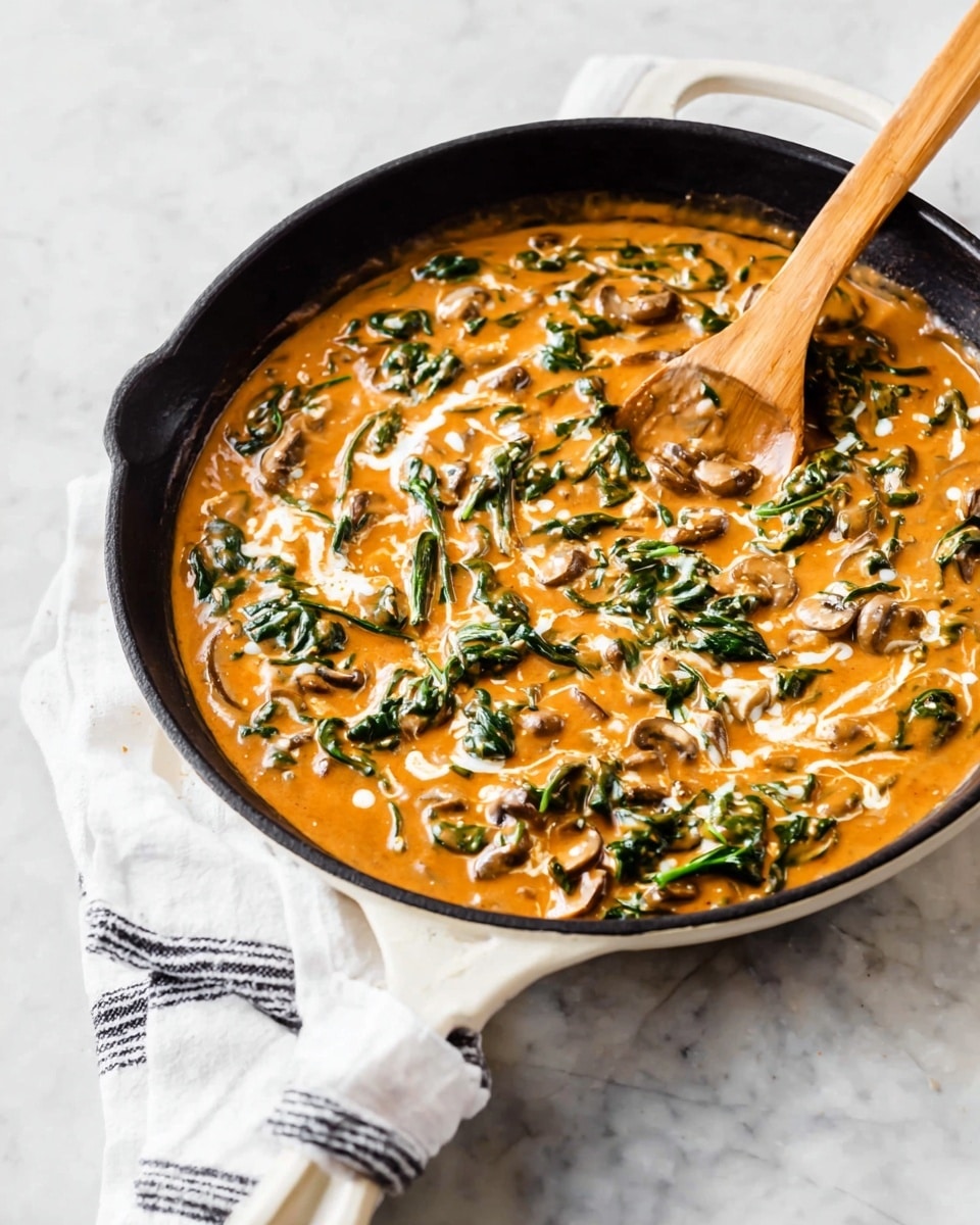 A white cast iron skillet filled with a thick, creamy orange sauce mixed with wilted dark green spinach leaves and small chunks of light brown mushrooms evenly spread throughout. The sauce has a smooth, slightly glossy texture with some white creamy swirls scattered on top. A light brown wooden spoon is resting inside the skillet with its tip submerged in the sauce. The skillet is placed on a white marbled surface with a folded white and black striped cloth near the handle. photo taken with an iphone --ar 4:5 --v 7