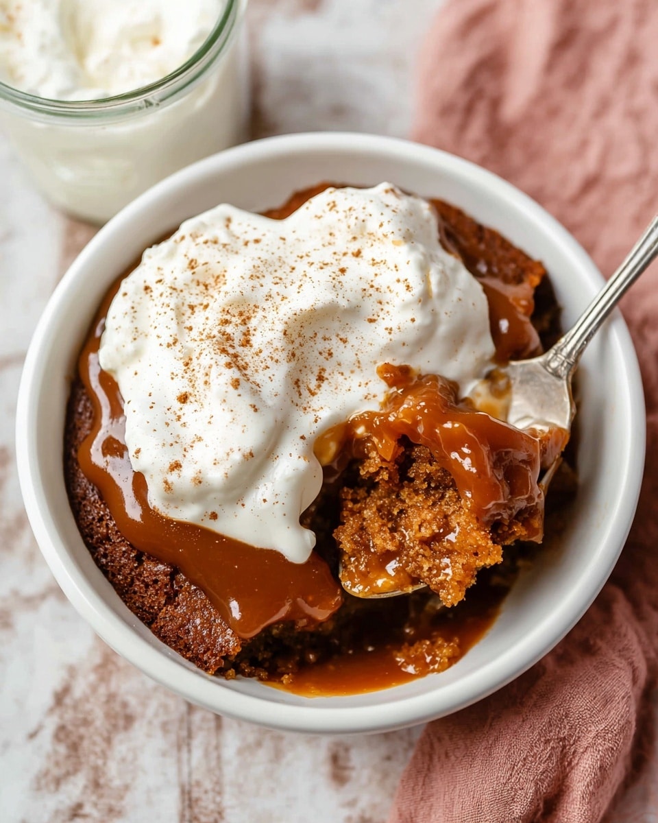 A white bowl filled with three visible layers: the bottom layer is a moist, crumbly brown cake, topped with a thick, glossy caramel sauce that looks sticky and rich, then a generous dollop of white whipped cream on top sprinkled lightly with cinnamon powder. A silver spoon dips into the right side of the bowl, lifting a mix of all layers. The bowl sits on a white marbled surface with a pink cloth partially visible on the upper right edge. A small glass jar with more whipped cream is partially visible at the top left corner. photo taken with an iphone --ar 4:5 --v 7