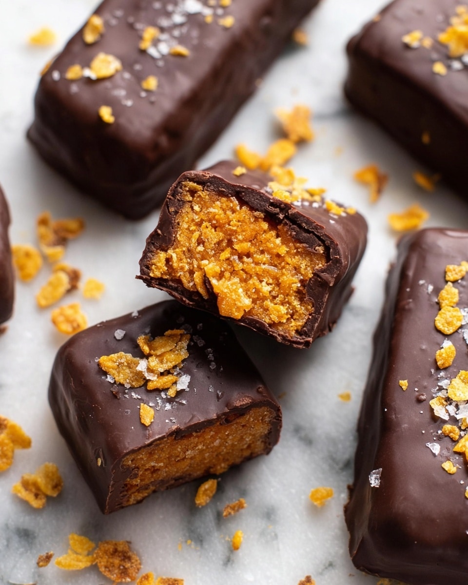 The image shows several chocolate-coated bars with a shiny, dark brown outer layer that is smooth and glossy, with small bits of crushed yellow corn flakes and flakes of sea salt on top. One bar is cut in half, revealing a thick inner layer with a crumbly texture mixed with a bright orange crunchy filling, giving it a textured, crispy look inside. The bars are placed on a white marbled surface with scattered corn flakes around them, creating a close-up view that highlights the contrast between the dark chocolate coat and the vibrant orange center. Photo taken with an iphone --ar 4:5 --v 7