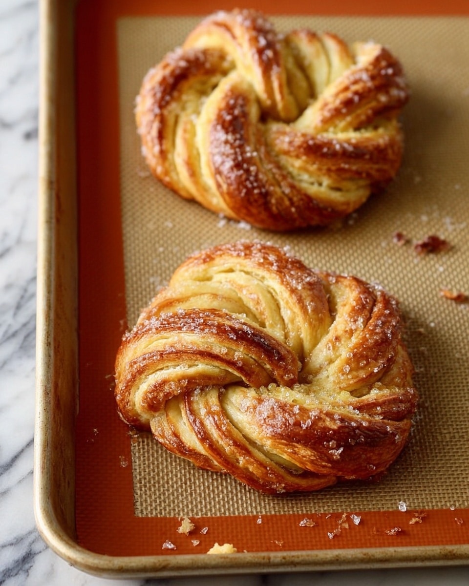 Two golden brown twisted pastries sit on a baking tray covered with a tan silicone baking mat. Each pastry is shaped in a circular knot, showing clear layers of flaky dough with crisp browned edges and a light sprinkling of coarse sugar on top. The pastries have a shiny, slightly glossy finish from an egg wash, highlighting the delicate, layered texture. Small flaky crumbs are scattered around on the mat near the pastries. The background is a white marbled texture. photo taken with an iphone --ar 4:5 --v 7
