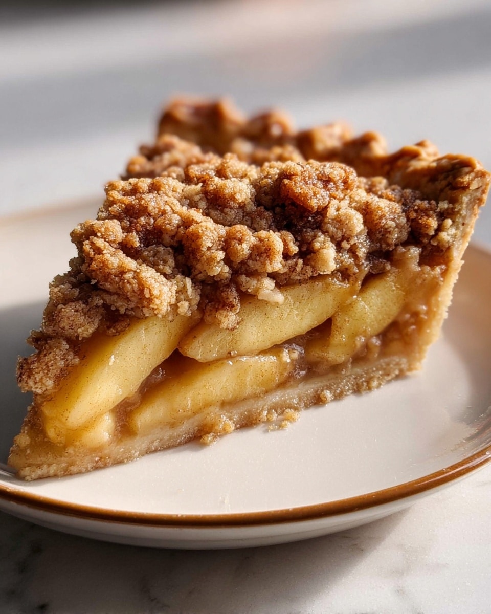 A slice of crumb-topped apple pie is shown on a white plate with a light brown rim, placed on a white marbled surface. The bottom layer is a light golden, slightly crumbly crust. Above the crust is a layer of soft, glazed apple slices with a warm yellow color mixed with hints of brown cinnamon. The top layer is a thick, rough crumb topping in golden brown with a crunchy look. Soft shadows fall to the right side of the pie slice. Photo taken with an iphone --ar 4:5 --v 7