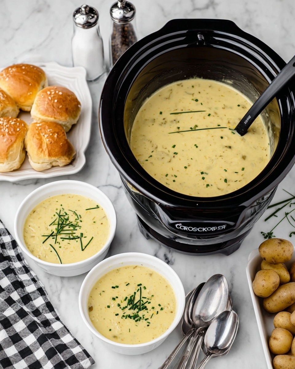 A thick, creamy yellow soup with small bits of potato and herbs is inside a black crock-pot with a black ladle resting inside. The soup has some green chives sprinkled on top. In front of the crock-pot, there are two white bowls, each filled with the same soup and garnished with green chives. To the left, there is a white plate with some golden brown rolls. A white salt shaker and a pepper grinder stand between the rolls and the bowls. On the right side, a white square dish holds light brown potatoes. In the front right corner, two shiny metal spoons rest on a black and white checkered cloth on a white marbled surface. photo taken with an iphone --ar 4:5 --v 7