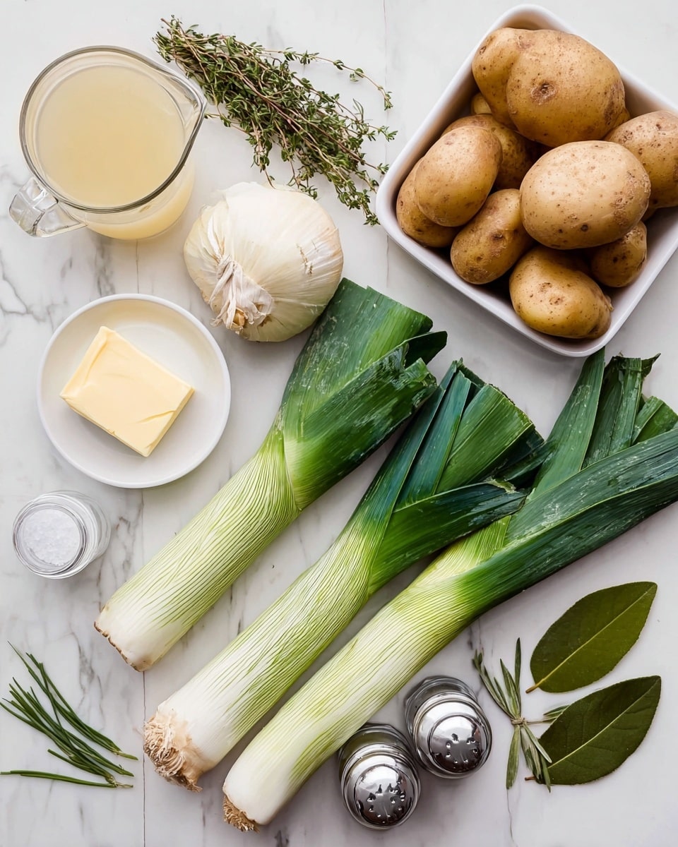 A bright, fresh display of raw ingredients is shown on a white marbled surface, featuring whole light-brown potatoes piled in a white square dish at the top right. Below them lie two large, fresh leeks with green leafy tops and pale white bulbs at the root end. Above the leeks, a whole round garlic bulb rests near sprigs of fresh thyme and a small bunch of chives with long, thin green stems. A small white dish holds a pale yellow block of butter, and next to it is a white container of cream with a smooth white surface and a single spout. To the left, a glass measuring cup contains light golden broth. Two silver salt and pepper shakers stand to the bottom right, balanced symmetrically. Fresh green bay leaves lie flat near the bottom left, adding a natural deep green contrast. The overall look is clean and organized, with each ingredient clearly visible on the smooth white marbled backdrop. photo taken with an iphone --ar 4:5 --v 7