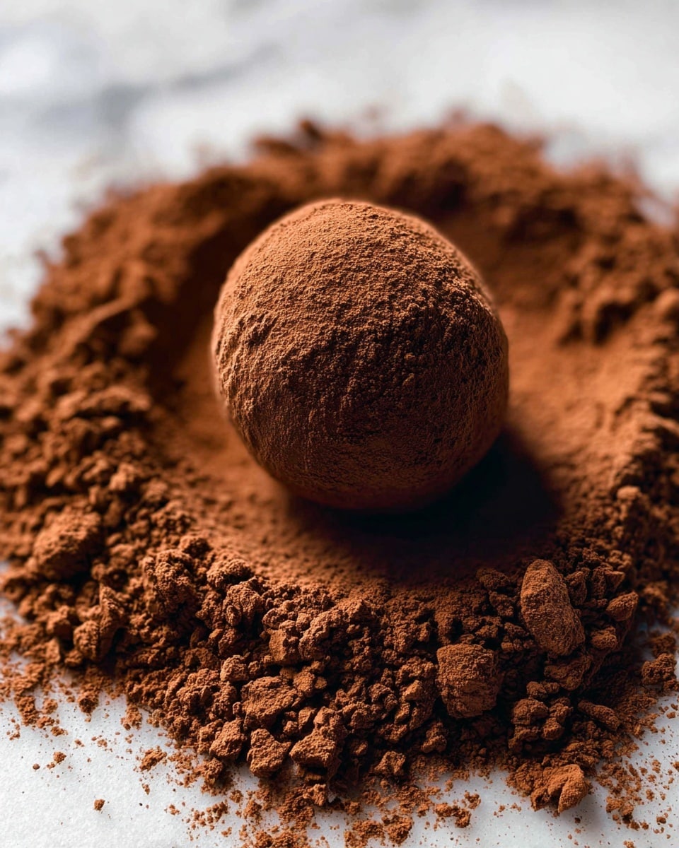 The image shows a single round chocolate truffle covered in a fine layer of dark brown cocoa powder, sitting in the middle of a small mound of loose cocoa powder. The mound of cocoa powder forms a shallow, uneven ring around the truffle, with a rough, crumbly texture and different-sized clumps. The surface beneath is a white marbled texture, which contrasts with the rich brown tones of the cocoa powder and chocolate truffle. The lighting highlights the slightly rough, velvety surface of the truffle and the powdery texture around it. photo taken with an iphone --ar 4:5 --v 7