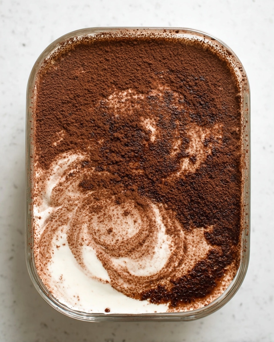 A glass dish filled with a layered dessert featuring a smooth white cream base at the bottom, topped with a thick layer of dark brown cocoa powder that covers almost the entire surface, with some visible swirling where the cream shows through in the bottom right corner, creating a marbled pattern of white and dark brown. The dish is placed on a white marbled texture. Photo taken with an iphone --ar 4:5 --v 7