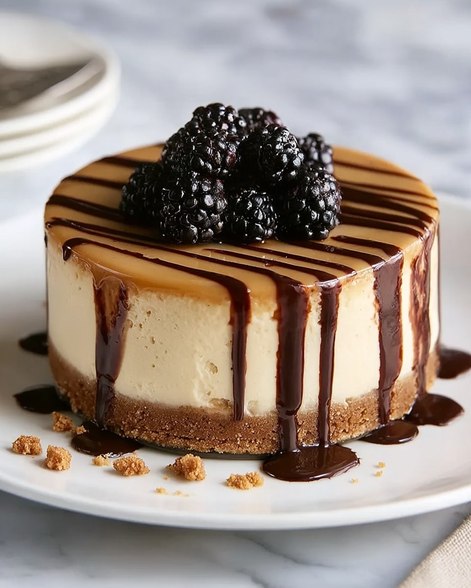 A round cheesecake with three clear layers sits on a white plate on a white marbled surface. The bottom layer is a crumbly, golden-brown cookie crust. The middle layer is thick and creamy beige cheesecake with a smooth texture. The top layer is a light caramel-colored glaze, with dark chocolate sauce dripping down the sides in thin, uneven lines. On top of the cheesecake, there are several shiny, black blackberries clustered in the center. Small crumbs and drops of chocolate sauce are scattered on the plate around the cake. photo taken with an iphone --ar 4:5 --v 7