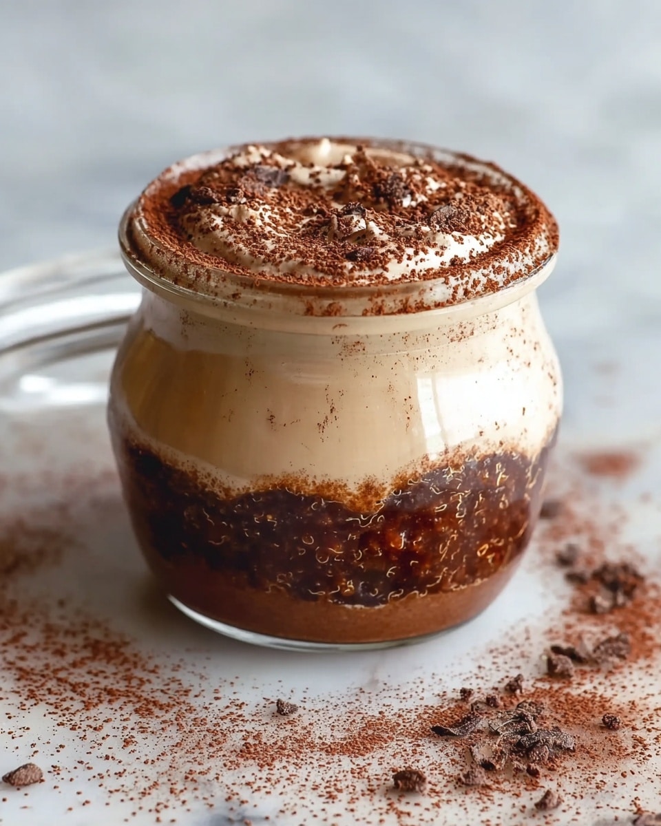 A small clear glass jar with two visible layers: the bottom layer is a dark brown mixture with a chunky texture, while the top layer is smooth and creamy beige, dusted with cocoa powder that also spreads around the jar on a white marbled surface. The rim of the jar has a little cocoa powder and some cream marks, showing a rustic, homemade look. Photo taken with an iphone --ar 4:5 --v 7