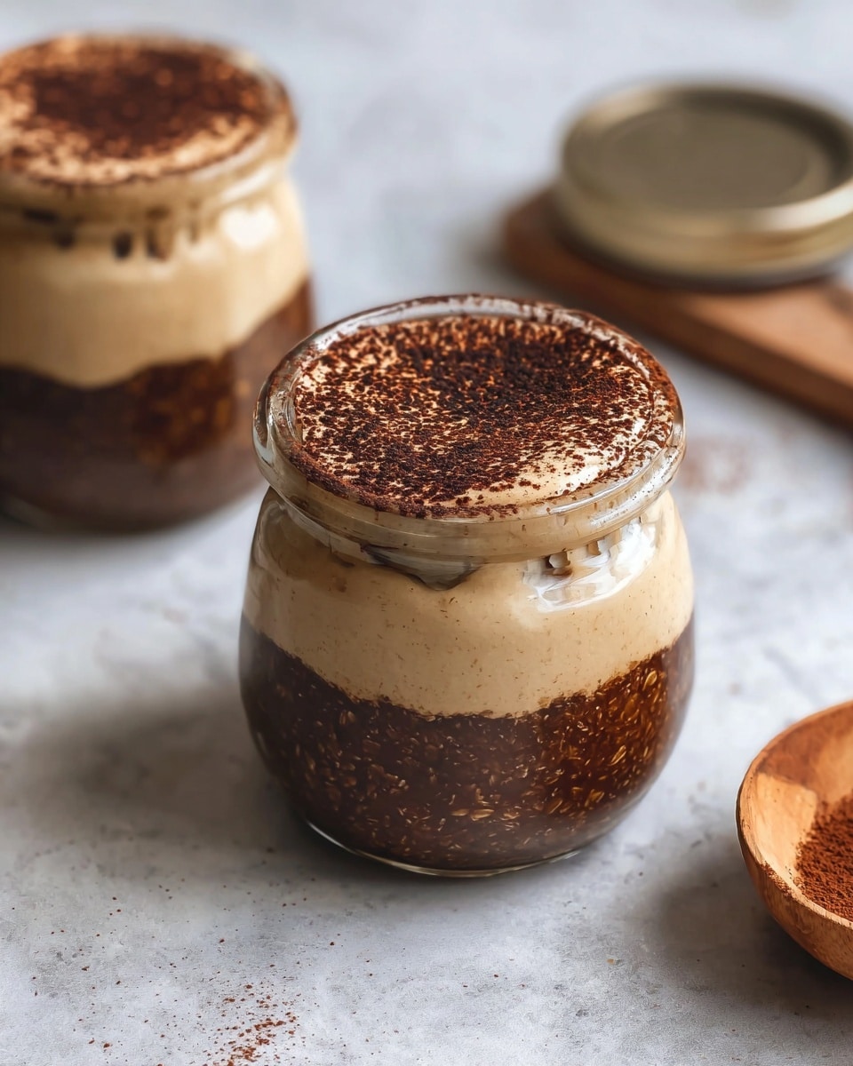 The image shows two small glass jars filled with a dessert that has two visible layers. The bottom layer is dark brown with a thick, textured look, likely cocoa oats or a chocolate mix. The top layer is smooth, creamy, and beige, covering the darker layer completely. The jars have a small spill of the creamy layer on the outside near the rim, and the tops are dusted evenly with a fine layer of dark cocoa powder. The jars are placed on a white marbled surface, with a shallow wooden bowl to the lower right, filled with cocoa powder, and the lids of the jars are blurred in the background. Photo taken with an iphone --ar 4:5 --v 7