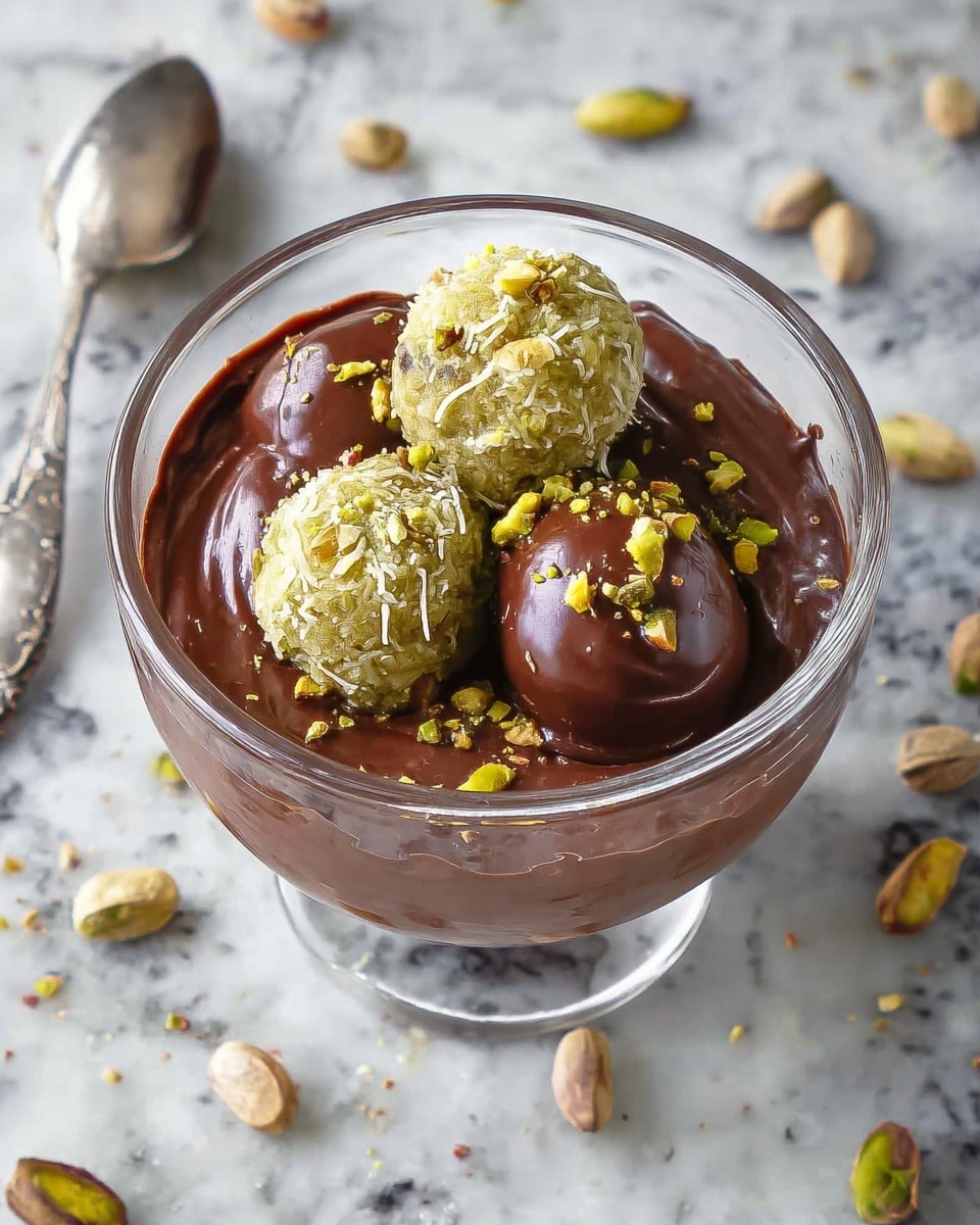 A clear glass bowl is filled with a smooth, shiny layer of chocolate sauce. On top, there are four round balls: two light brown-green with a rough texture and sprinkled with thin shredded bits, and two covered in chocolate, giving a glossy dark brown look. Small pieces of chopped pistachios are scattered over the balls and sauce. The bowl sits on a white marbled surface with scattered whole and chopped pistachio nuts around it. A silver spoon is partially visible on the surface to the left. photo taken with an iphone --ar 4:5 --v 7