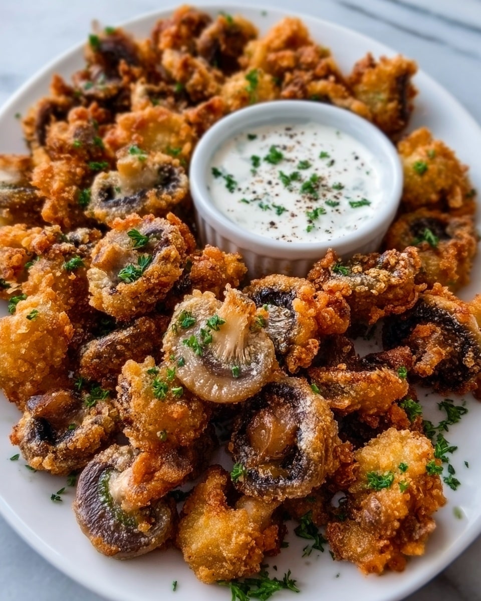 A white plate is filled with many pieces of fried mushrooms that have a golden brown crispy coating with a rough texture, some showing the mushroom gills inside dark brown with slight charring. Small green parsley bits are sprinkled over the mushrooms adding bright green specks. A white small bowl of creamy ranch dipping sauce sits on the plate's edge, topped with parsley flakes and black pepper spots. The whole scene is set on a white marbled surface. photo taken with an iphone --ar 4:5 --v 7