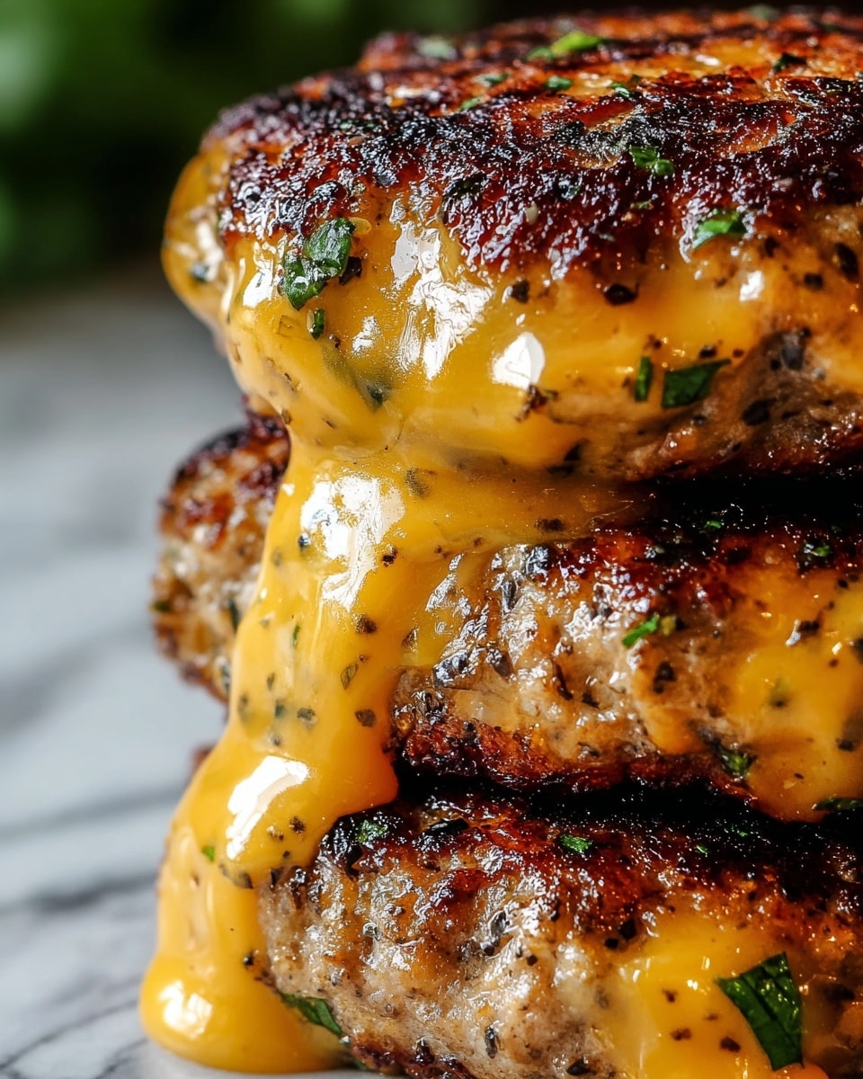 The image shows a close-up of a stack of three grilled patties with melted cheddar cheese dripping down the sides. Each patty looks moist and seasoned with visible herbs and spices, showing a golden-brown crust with some charred spots, while the melted cheese is a rich orange-yellow color flowing smoothly between layers. Small green bits of herbs are mixed in the patties, adding a touch of color. The background is softly blurred with a white marbled texture, focusing all attention on the juicy, cheesy patties. Photo taken with an iphone --ar 4:5 --v 7