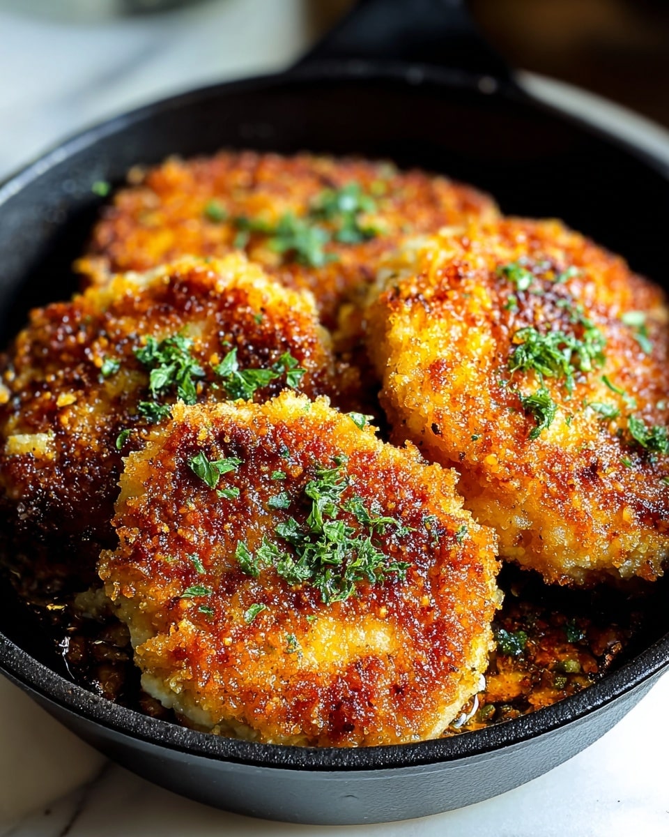 In the center of the image, there are three golden-brown fried patties with a crispy, textured crust, sprinkled with small bits of finely chopped green herbs on top. The patties appear thick and juicy, with a slightly uneven surface showing a crunchy exterior. They are served inside a black skillet, which contrasts with the warm tones of the patties. The skillet rests on a white marbled surface, creating a clean and bright backdrop. Light falls softly on the patties, highlighting their rich, crunchy coating. photo taken with an iphone --ar 4:5 --v 7