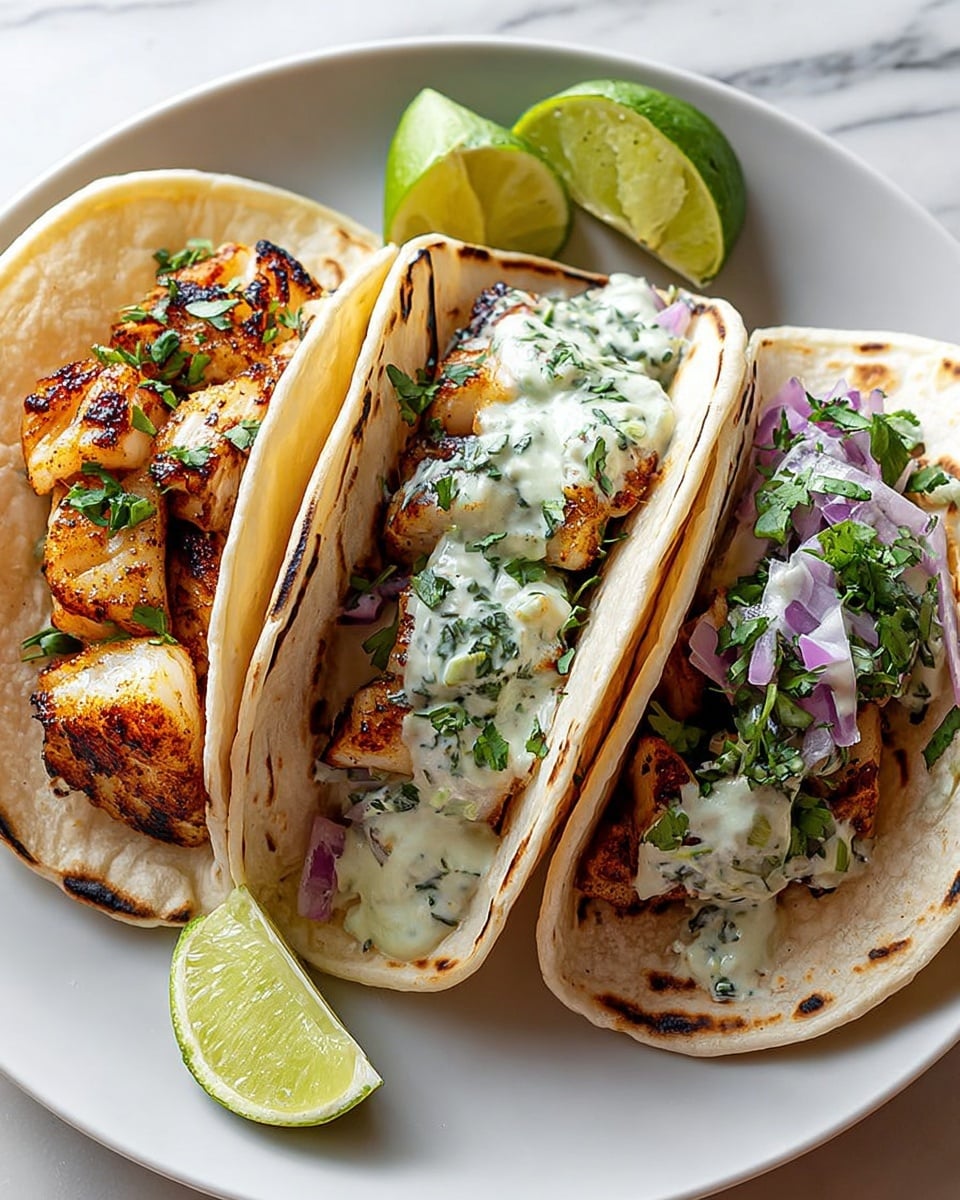 Three tacos are arranged side by side on a white plate placed on a white marbled surface. Each taco has a soft, slightly toasted white corn tortilla folded in half. Inside the first taco, there are four pieces of golden-brown grilled fish with a light char, resting on small diced red onions and green herbs. The second taco shows grilled fish pieces topped with a creamy white sauce mixed with herbs, thin slices of purple onion, and sprinkled fresh green cilantro leaves. The third taco is similar to the second, with visible grilled fish, creamy sauce with herbs, and scattered cilantro and onion pieces. Two lime wedges, one whole and one partially cut, sit on the plate’s edges. The image is clear and bright, focusing on the textures of the grilled fish and the fresh toppings. photo taken with an iphone --ar 4:5 --v 7