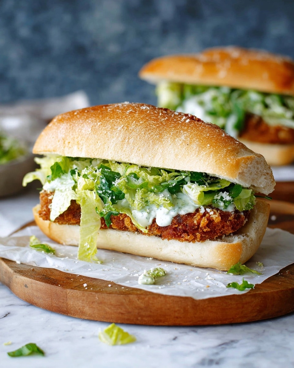 The image shows a sandwich with three clear layers placed on white parchment paper over a wooden board, all set on a white marbled texture surface. The bottom layer is a soft, lightly toasted white baguette sliced horizontally, with a crispy, golden-brown fried patty resting on it. Above the patty, there is a fresh, green lettuce mix coated with a creamy white sauce, scattered with small bits of grated cheese. The top half of the baguette, golden and slightly crusty, crowns the sandwich. There are small pieces of lettuce and cheese scattered around the sandwich on the parchment paper. In the background, another similar sandwich is partially visible, slightly blurred. photo taken with an iphone --ar 4:5 --v 7