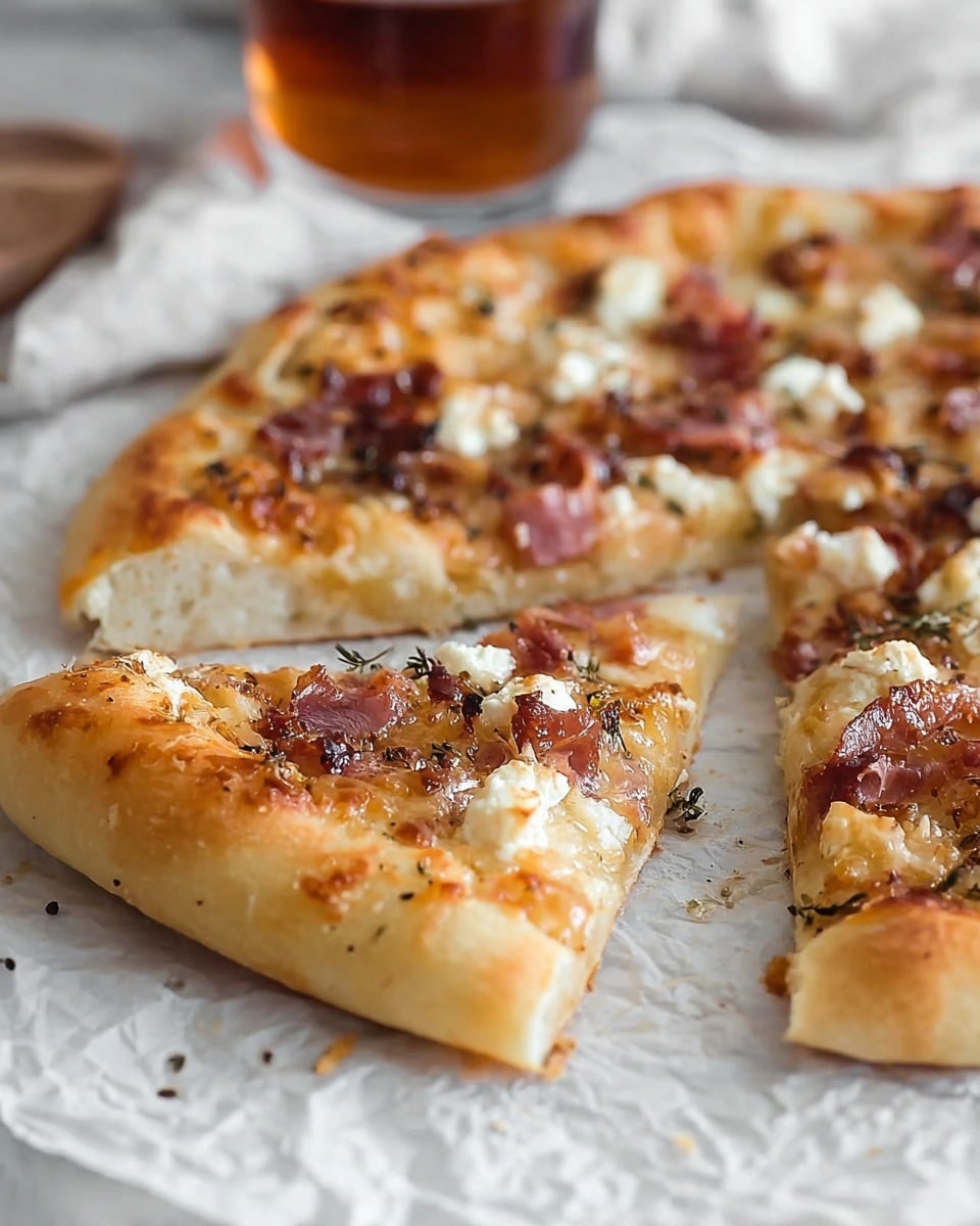 The image shows a pizza with a thick, light golden crust that looks soft and airy. The pizza has one full slice and two partial slices visible, each topped with small chunks of white cheese, darker caramelized pieces, and pinkish slices of cured meat. The cheese looks melted and creamy, while the caramelized bits add a darker rusty brown color and a slightly shiny texture. The pizza sits on crinkled parchment paper, which rests on a white marbled surface. A blurred glass with a dark amber liquid is in the background, adding warmth to the scene. Photo taken with an iphone --ar 4:5 --v 7