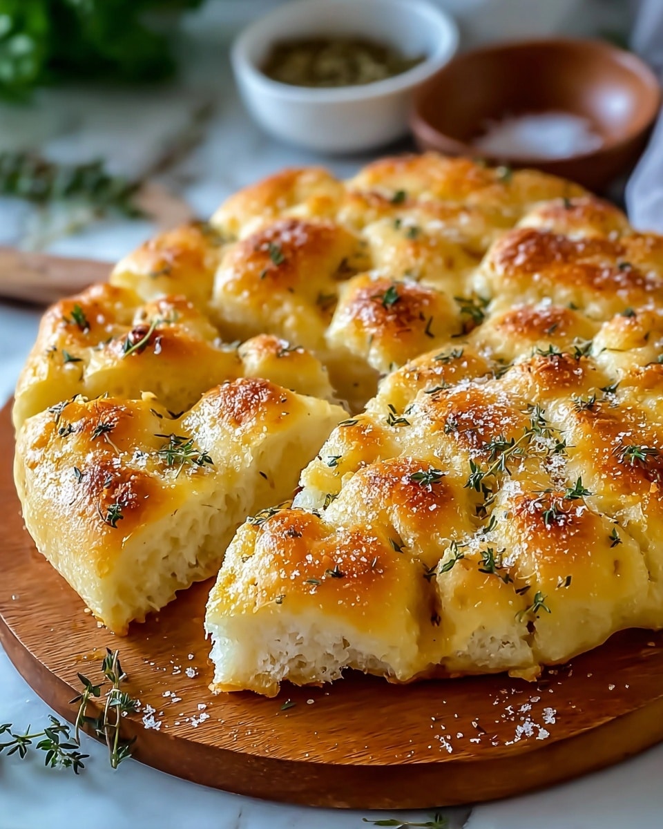 The image shows a round focaccia bread cut into slices, placed on a wooden board. The bread has a golden-brown top with small, puffy dimples filled with oil, giving it a shiny and textured look. Sprinkled on top are small green thyme leaves and coarse grains of salt, adding color contrast and texture. The inside of the bread looks soft and fluffy with a light cream color. The background includes blurred bowls and some green herbs, all set on a white marbled surface. photo taken with an iphone --ar 4:5 --v 7