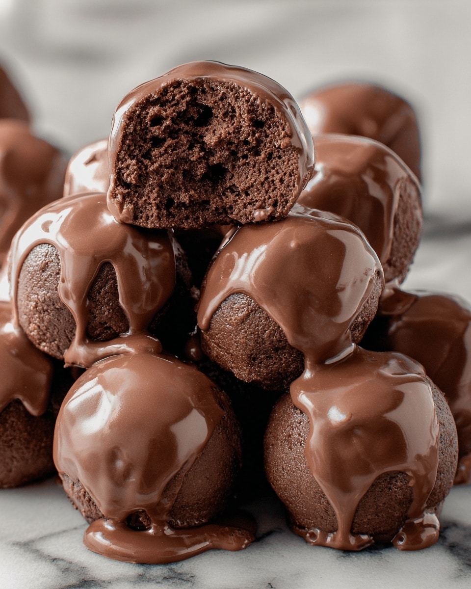 The image shows a close-up view of a pile of round chocolate cake balls coated with a smooth, shiny layer of melted milk chocolate that drips slightly over the edges. Each ball has a rich, dark brown cake base with a dense and moist texture, and the chocolate coating adds a glossy, lighter brown contrast on top. One cake ball near the top is broken in half, revealing the crumbly interior inside. The cake balls are stacked in an irregular heap on a white marbled surface, giving a sense of depth and softness to the scene. photo taken with an iphone --ar 4:5 --v 7