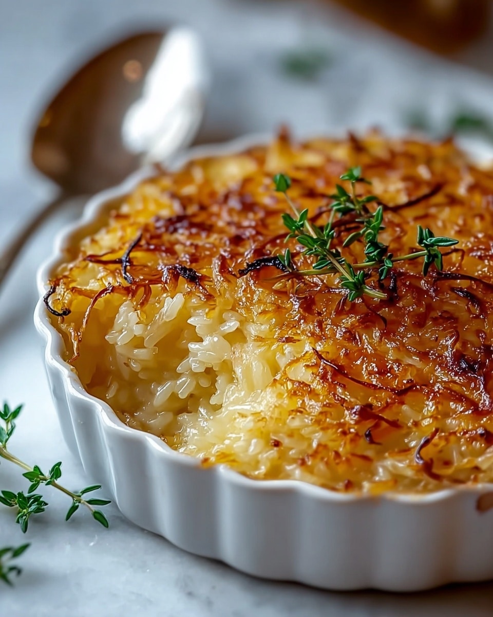 A white shallow round baking dish holds a single-layer of golden-brown baked rice with a slightly crispy top. The rice is soft and shiny, with some grains more browned and curled at the edges. Small green herb sprigs, likely thyme, garnish the center, adding color contrast. A silver spoon is partially visible in the background on a white marbled surface. The dish looks warm and inviting, with a rustic, homemade texture. Photo taken with an iphone --ar 4:5 --v 7