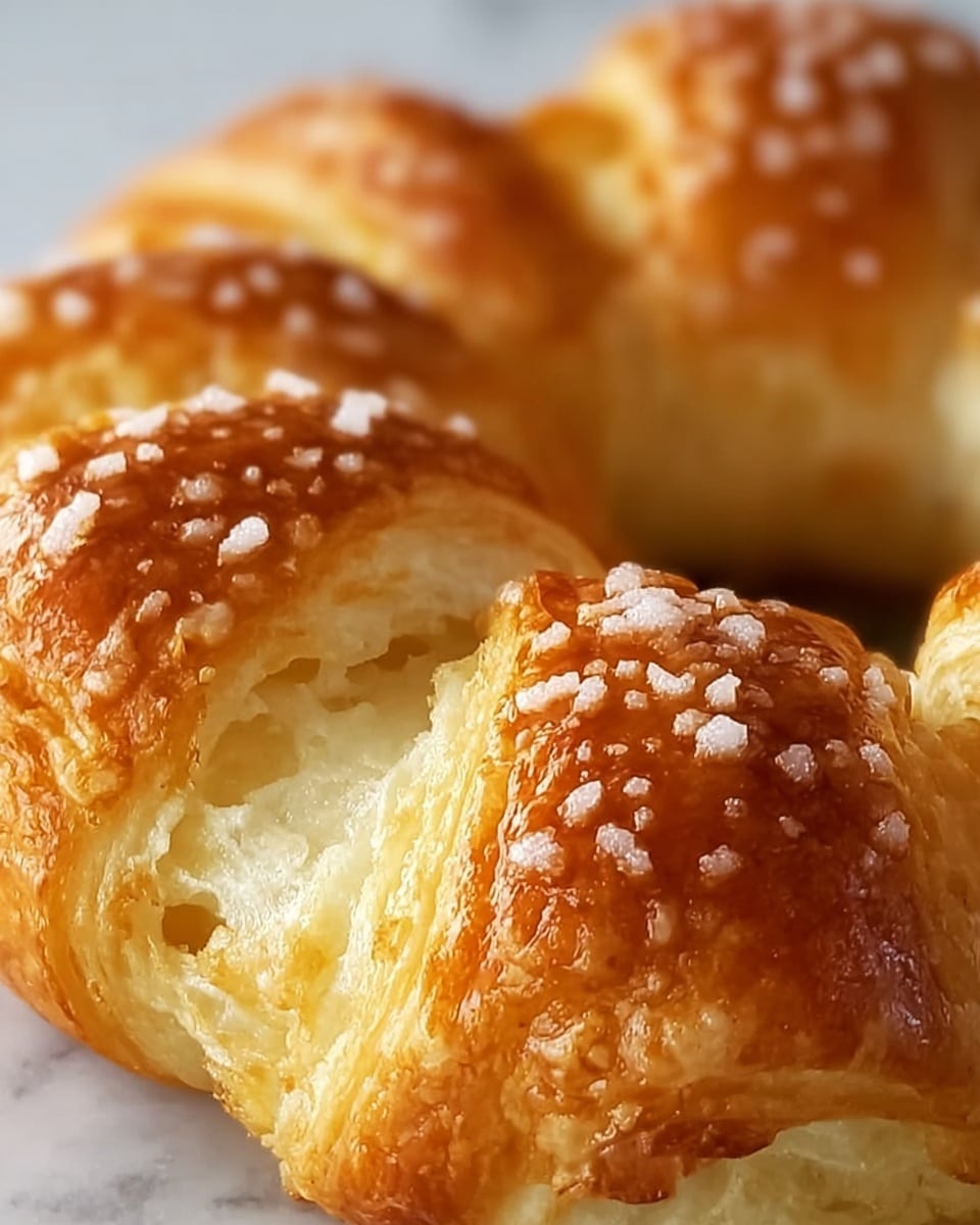 The image shows a close-up of a golden-brown croissant shaped in a ring. The croissant has a glossy surface with some white sugar crystals sprinkled on top, adding texture and contrast. The layers of the croissant are visible, showing a flaky and light dough with a slightly chewy white interior. The overall look is warm and inviting with a mix of crisp outer edges and soft inside parts, all set against a smooth white marbled background. photo taken with an iphone --ar 4:5 --v 7