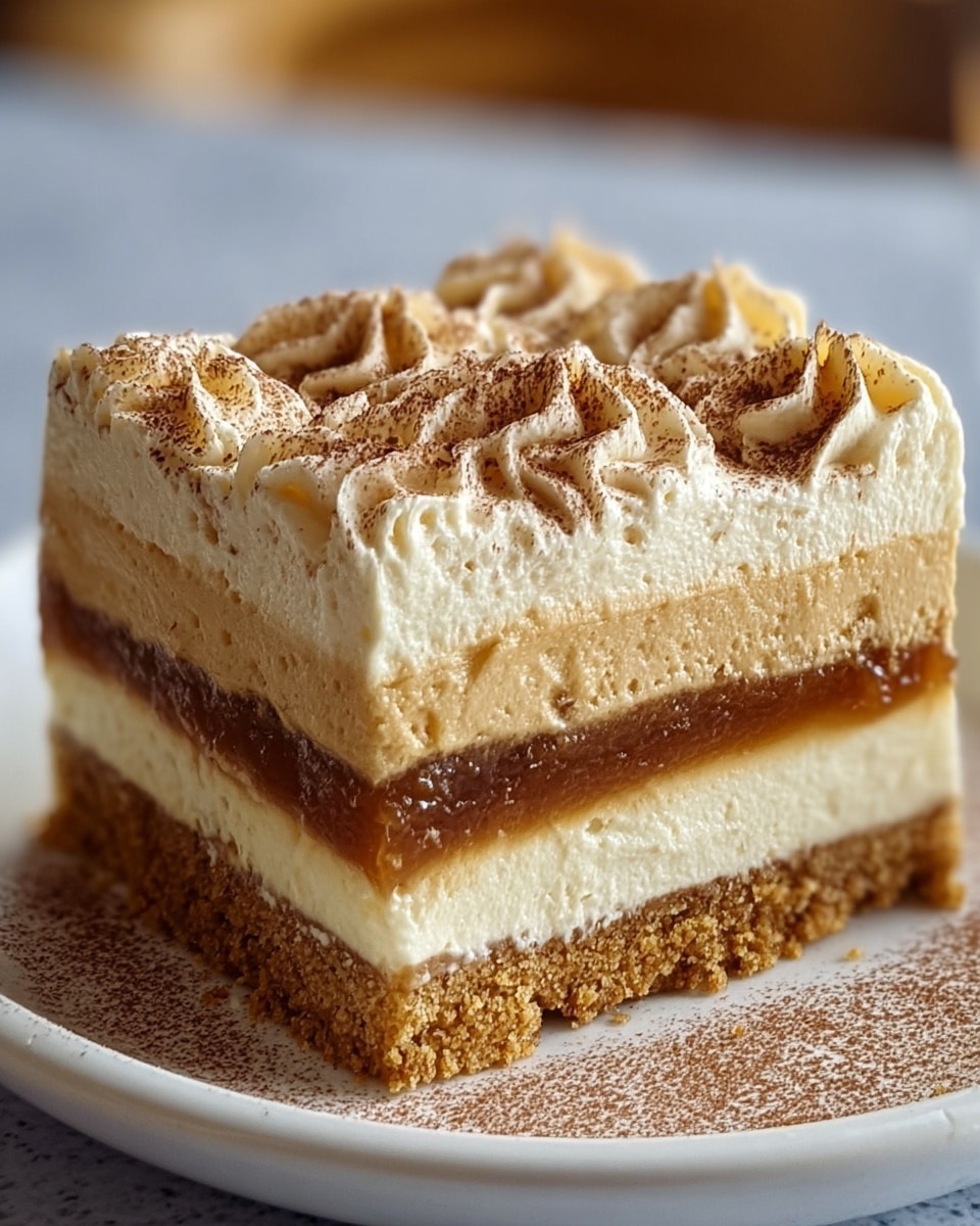 A close-up image of a square dessert with four visible layers on a white plate, placed on a white marbled surface. The bottom layer is a crumbly, golden-brown cookie crust with a rough texture. Above it, there is a thick, smooth and creamy beige layer. The third layer is a glossy, caramel-brown filling with a slightly chunky texture. The top layer is a fluffy, piped cream with soft peaks and light beige color, dusted with a fine cocoa powder evenly spread in a wave pattern. Photo taken with an iphone --ar 4:5 --v 7