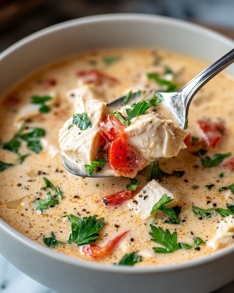 A close-up view of a creamy soup in a white bowl, filled with chunks of white chicken meat, bright red tomato pieces, and sprinkled with fresh green parsley leaves. The soup has a smooth, rich texture with a warm beige color and small specks of black pepper on top. A silver spoon lifts a piece of chicken with a tomato chunk and parsley, showing the soup's thick, creamy consistency, all set against a white marbled surface. photo taken with an iphone --ar 4:5 --v 7