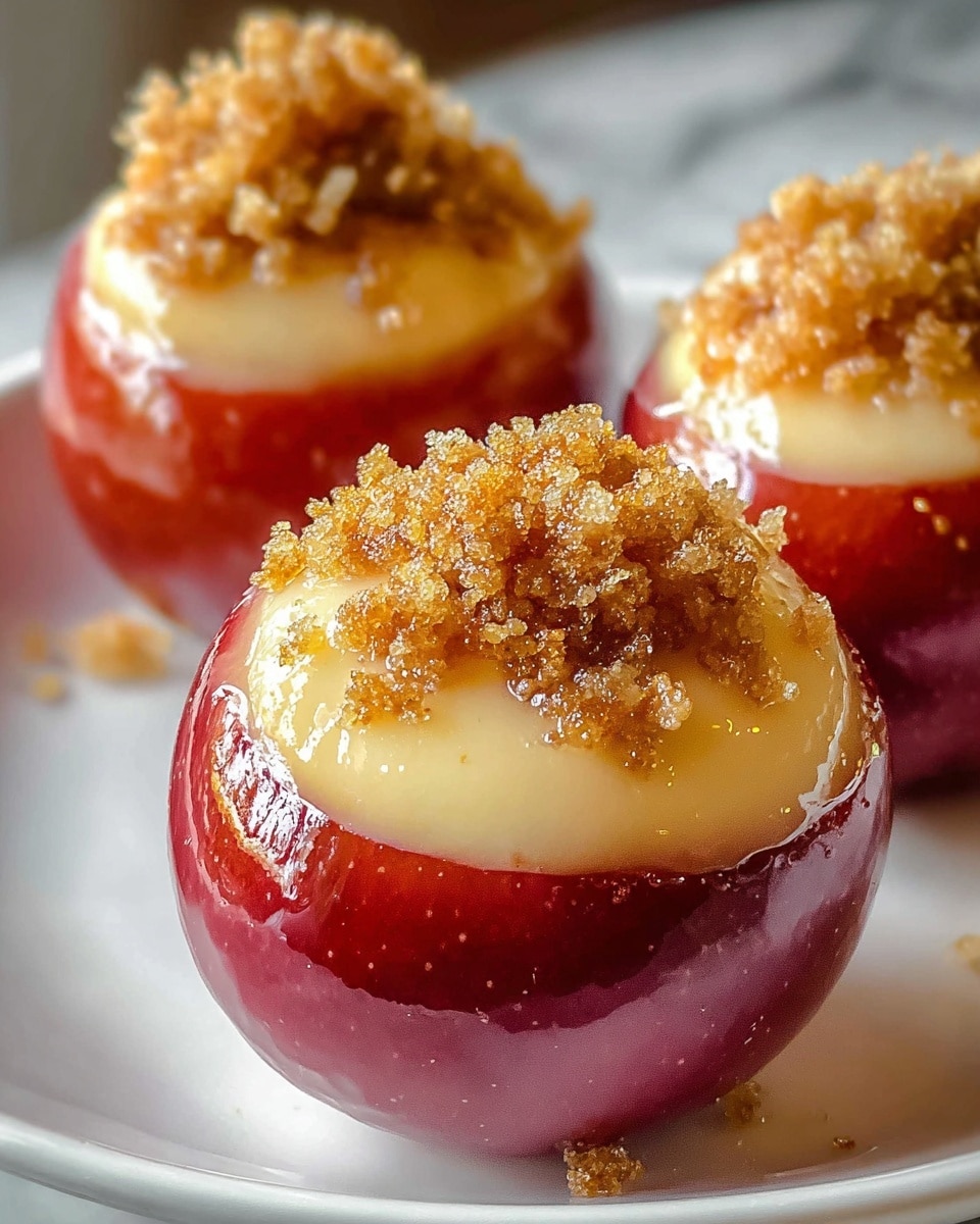 The image shows three cooked red apples hollowed out and filled with a creamy, pale yellow custard layer on top of the apple base. Each apple is topped with a crumbly, golden-brown streusel that looks shiny and slightly caramelized. The apples have a glossy, soft texture and are placed close together on a white plate, all sitting on a white marbled surface. The focus is crisp on the front apple with a softly blurred background. photo taken with an iphone --ar 4:5 --v 7