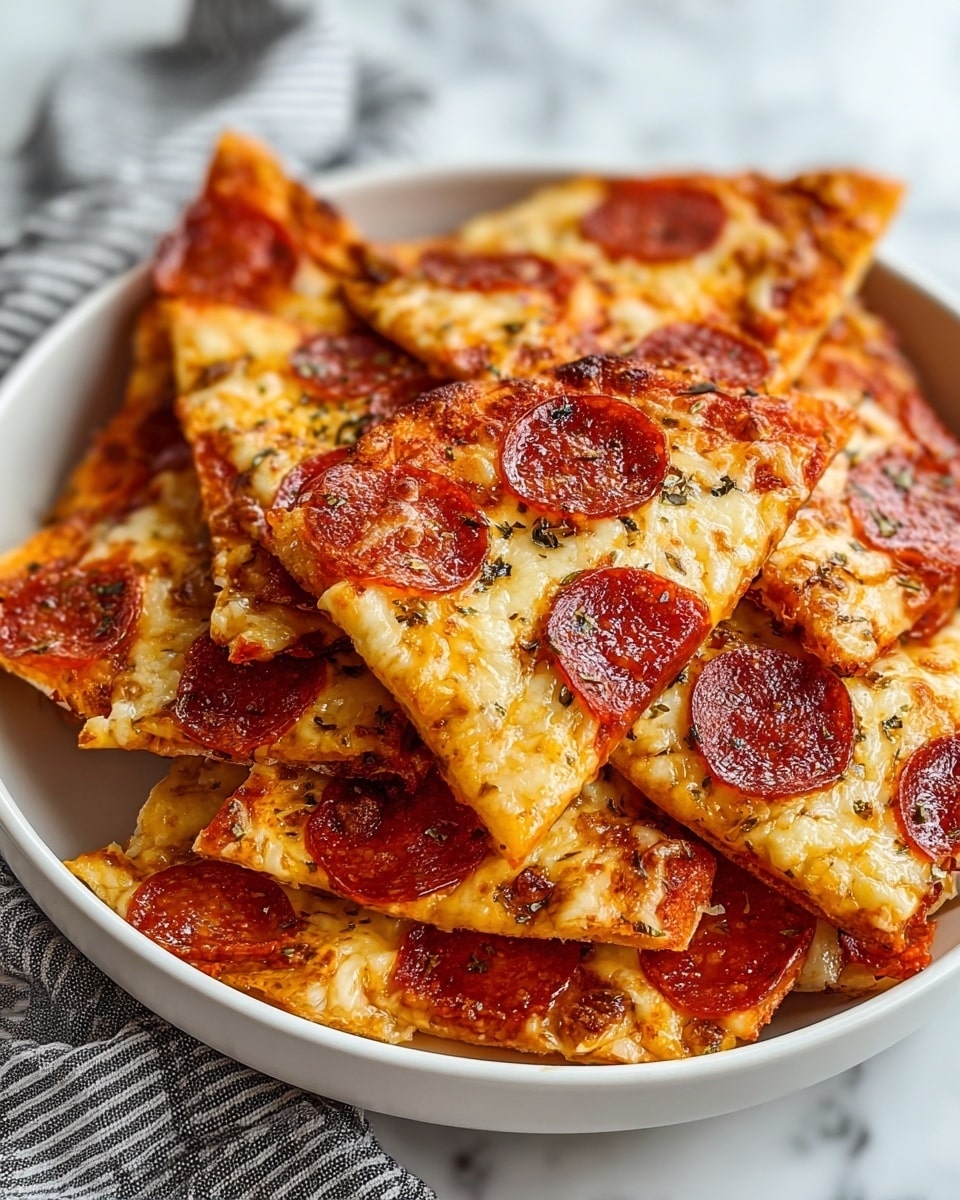 A white bowl filled with many triangular slices of pepperoni pizza stacked on top of each other. Each slice has a golden-brown crust, a layer of melted, bubbly mozzarella cheese with some herbs sprinkled, and bright red circular pepperoni pieces that are slightly crispy around the edges. The focus is on the pizza slices, showing the chewy, oily texture of the pepperoni and the slightly browned cheese. The bowl sits on a white marbled surface with a gray-striped cloth nearby. photo taken with an iphone --ar 4:5 --v 7