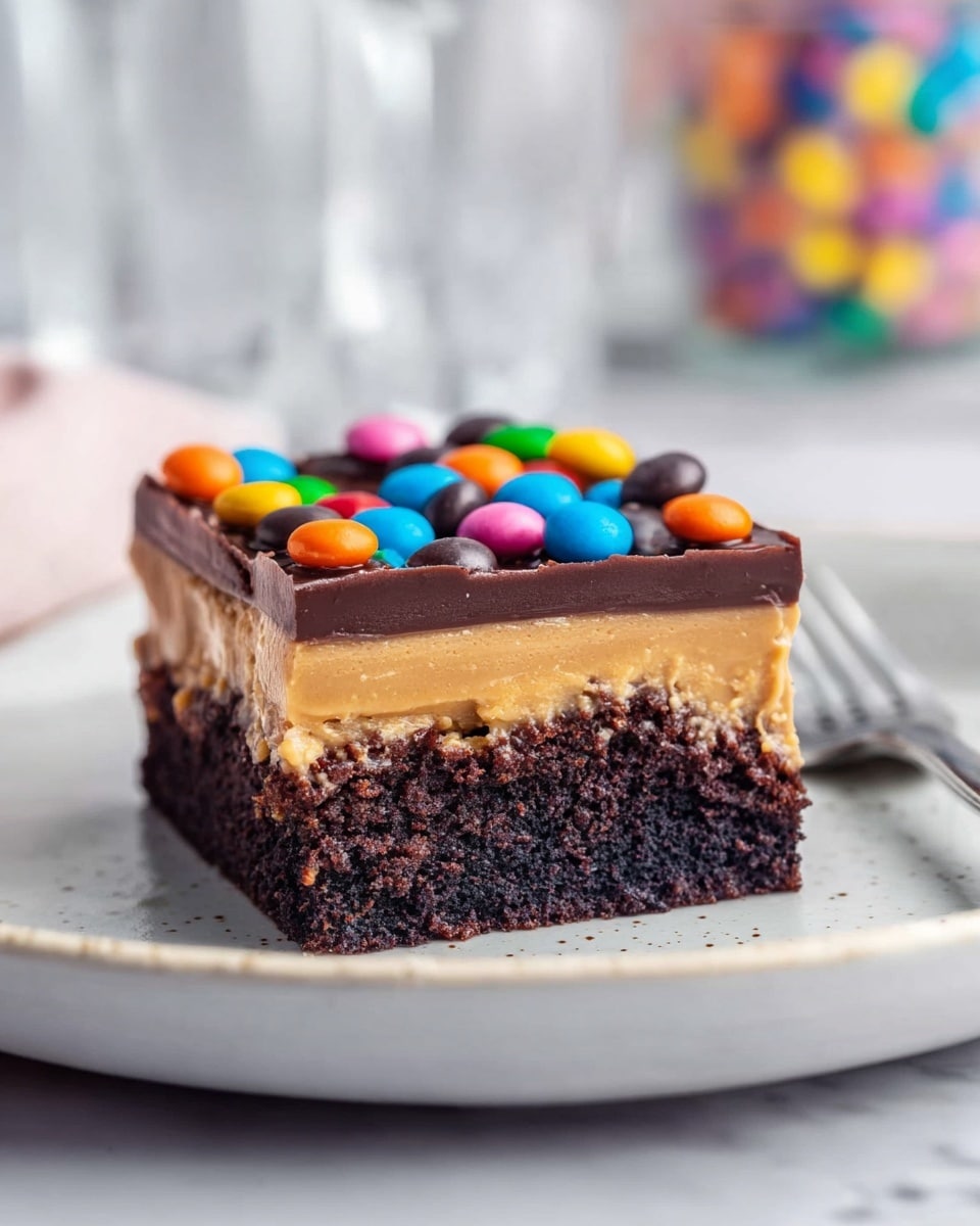 A square dessert bar sits on a white plate with a slightly speckled texture. It has three layers: the bottom is a dark, moist chocolate cake layer with a rich brown color; the middle layer is a thick, creamy caramel-colored peanut butter filling with a smooth texture; the top layer is a shiny, dark chocolate ganache topped with small, round, colorful candy balls in bright blue, orange, pink, yellow, and green scattered evenly across the surface. The background features a soft white marbled texture with blurred shapes suggesting glasses or bottles, and a silver fork rests next to the plate. Photo taken with an iphone --ar 4:5 --v 7