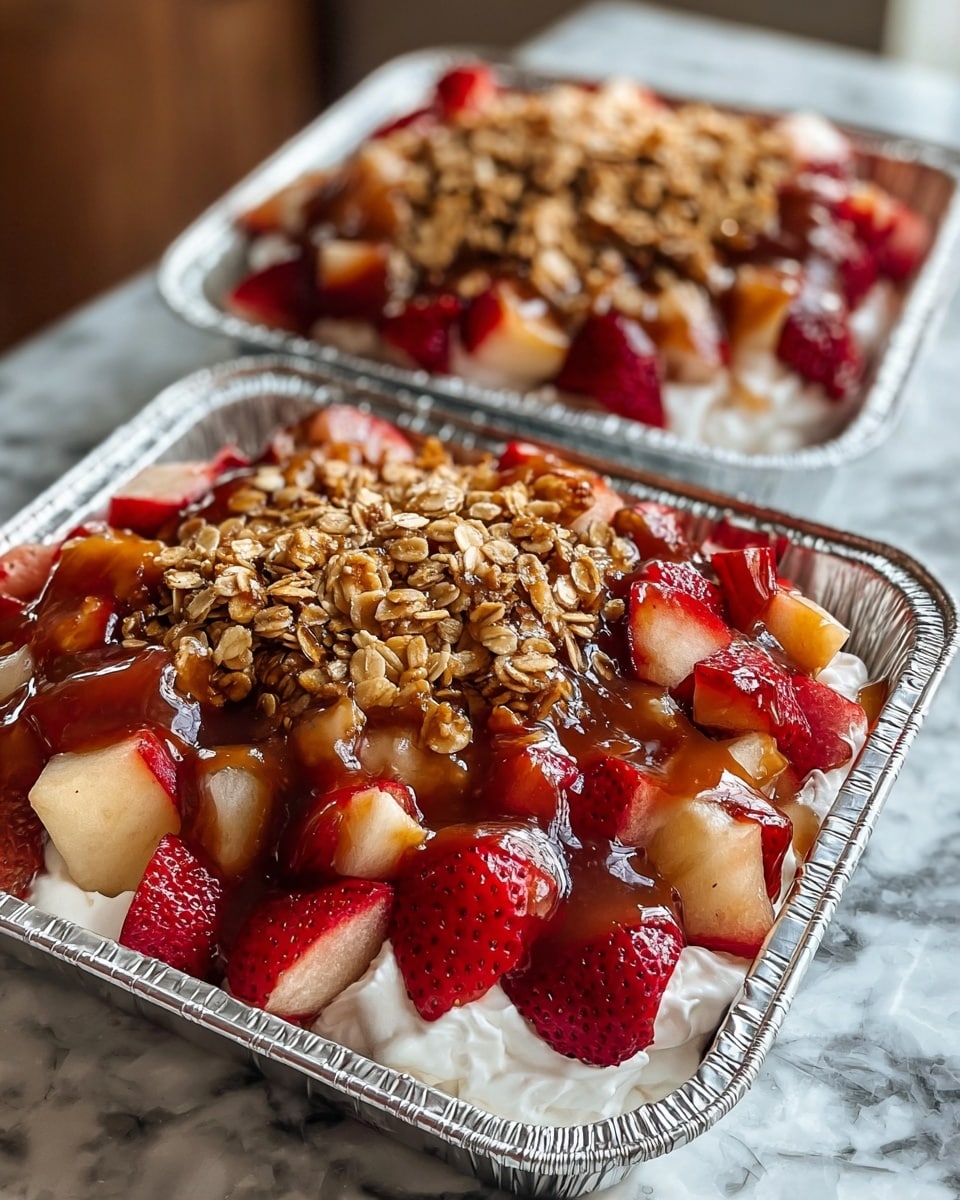 The image shows two foil trays filled with a layered dessert placed on a white marbled surface. Each tray has a base layer of white, fluffy whipped cream, topped with a generous layer of chopped fresh strawberries and apple pieces with red skin and pale flesh. Over the fruit, there is a thick drizzle of glossy caramel sauce, and the top layer is made of a heap of golden-brown granola with oats, giving a crunchy texture. The trays are close together, and the background is softly blurred to focus on the rich colors and textures of the dessert layers. photo taken with an iphone --ar 4:5 --v 7