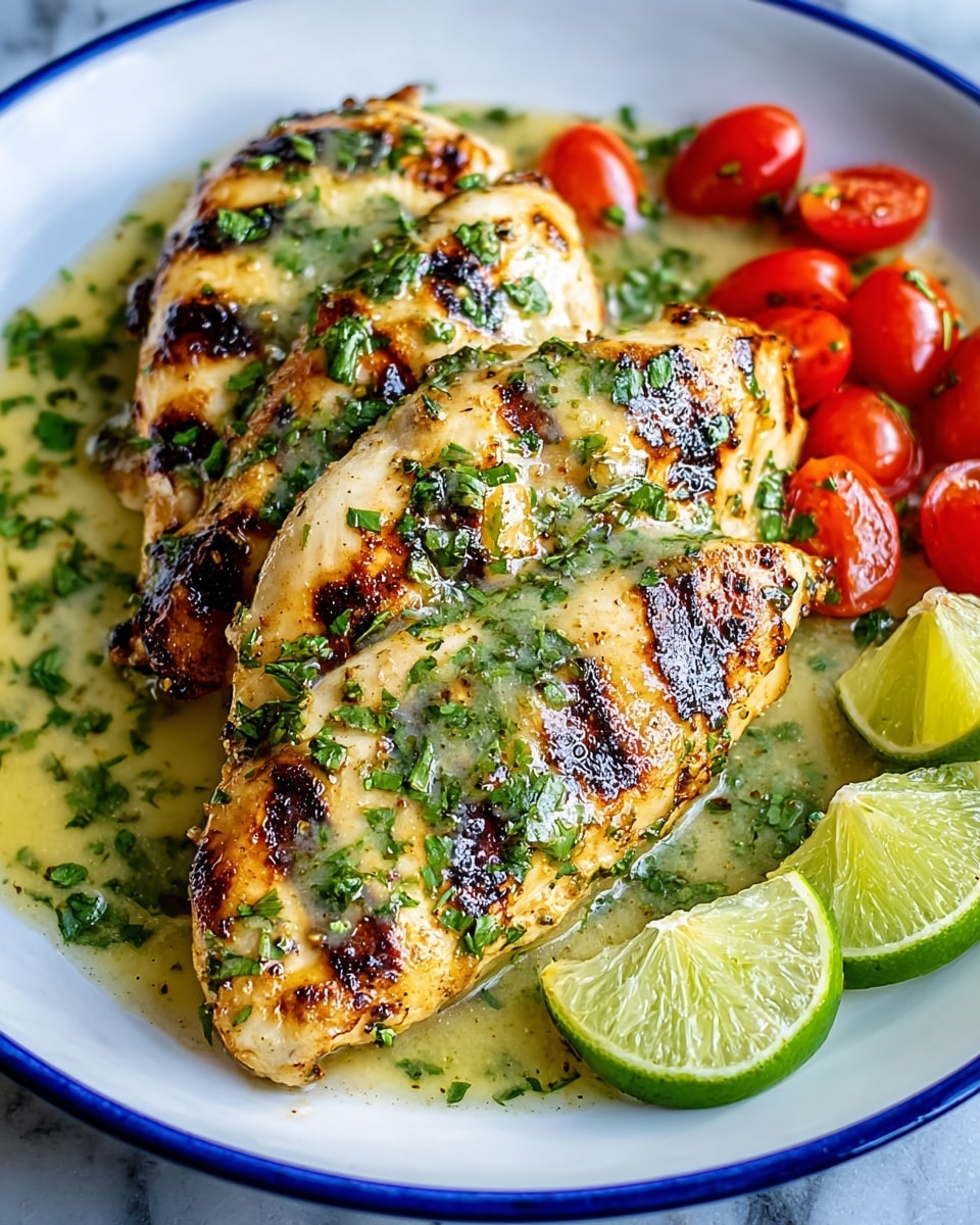 The image shows a dish with three pieces of grilled chicken breast, stacked slightly overlapping in the center of a white plate. The chicken has a golden-brown char with visible grill marks and is covered in a light green sauce with chopped herbs scattered on top, adding a fresh, vibrant look. Around the back edge of the plate, there are several small red cherry tomatoes and two thin slices of lime placed next to each other on the right. The plate sits on a white marbled surface that enhances the fresh and colorful presentation of the dish. photo taken with an iphone --ar 4:5 --v 7