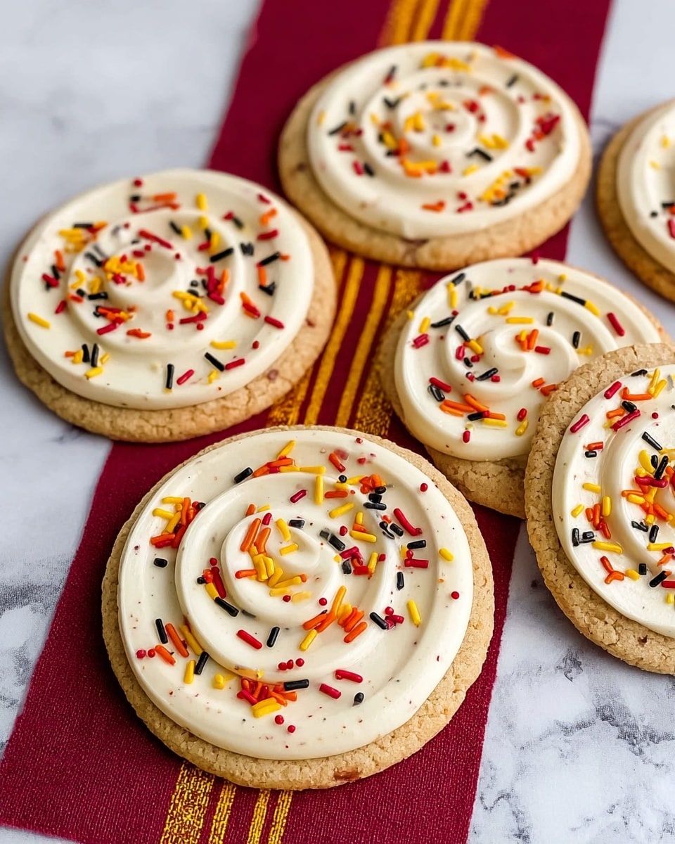 Five round cookies sit on a white marbled surface with a red and gold striped fabric under some of them. Each cookie has one thick base layer of light brown baked dough. On top, there is one large spiral swirl layer of smooth, off-white cream, starting from the center and extending to the edges. Colorful sprinkles decorate the cream in small clusters, including red sticks, yellow holly leaf shapes, black shapes, and tiny round dots in red and orange. The cookies are evenly spaced and shown from above. photo taken with an iphone --ar 4:5 --v 7