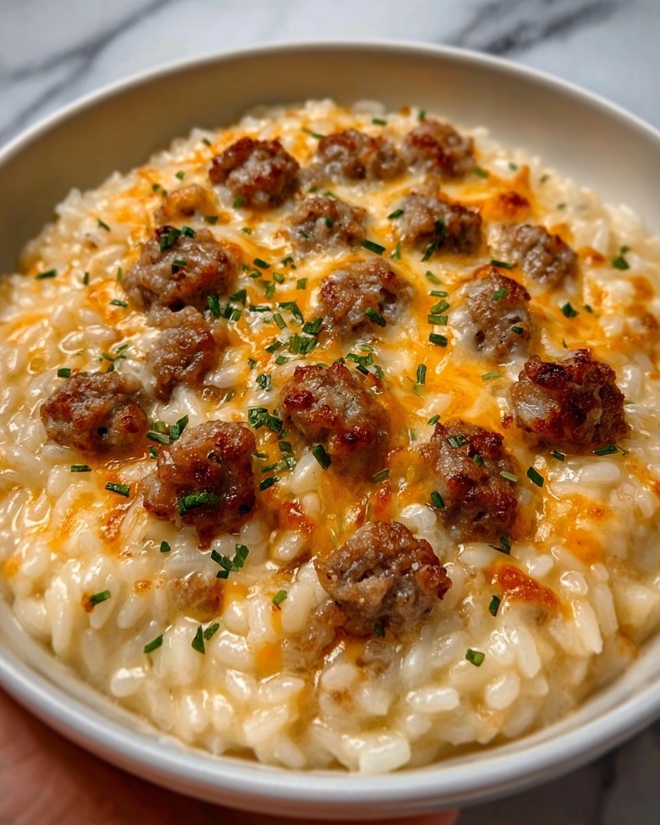 This is a close-up view of a creamy risotto dish served in a white bowl. The base layer is soft, glossy rice cooked to a creamy texture, covering the bottom. On top, scattered browned sausage pieces create a contrast with their slightly crisp and textured surface. The final layer is melted cheese, golden and bubbly with patches of orange and light brown, slightly covering both the rice and sausage. Small green herb sprinkles add a touch of color over the cheese. The background is a white marbled texture, and a woman's hand is gently holding the bowl on one side. Photo taken with an iphone --ar 4:5 --v 7